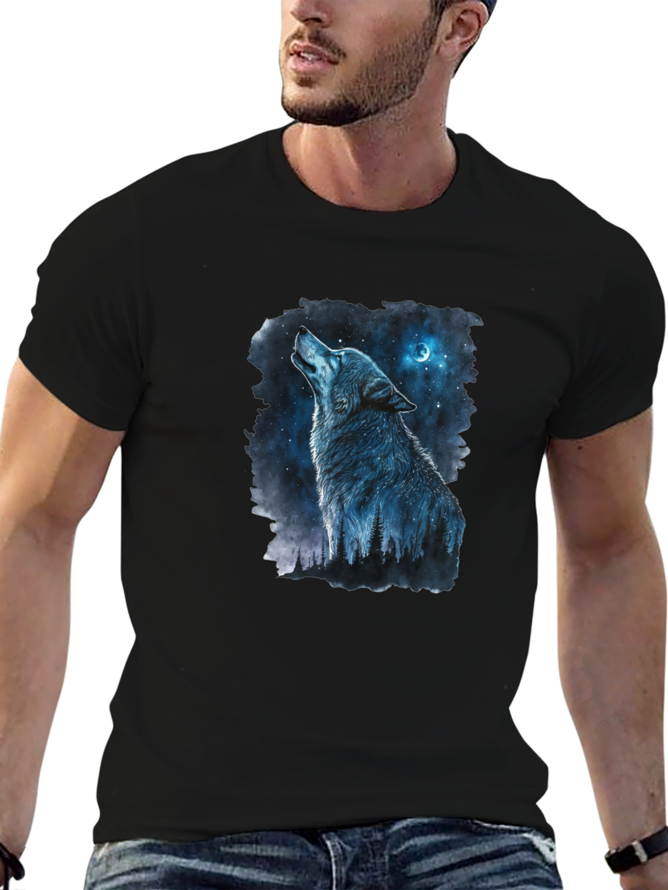Wolf Howling at Moon Graphic Black T-Shirt