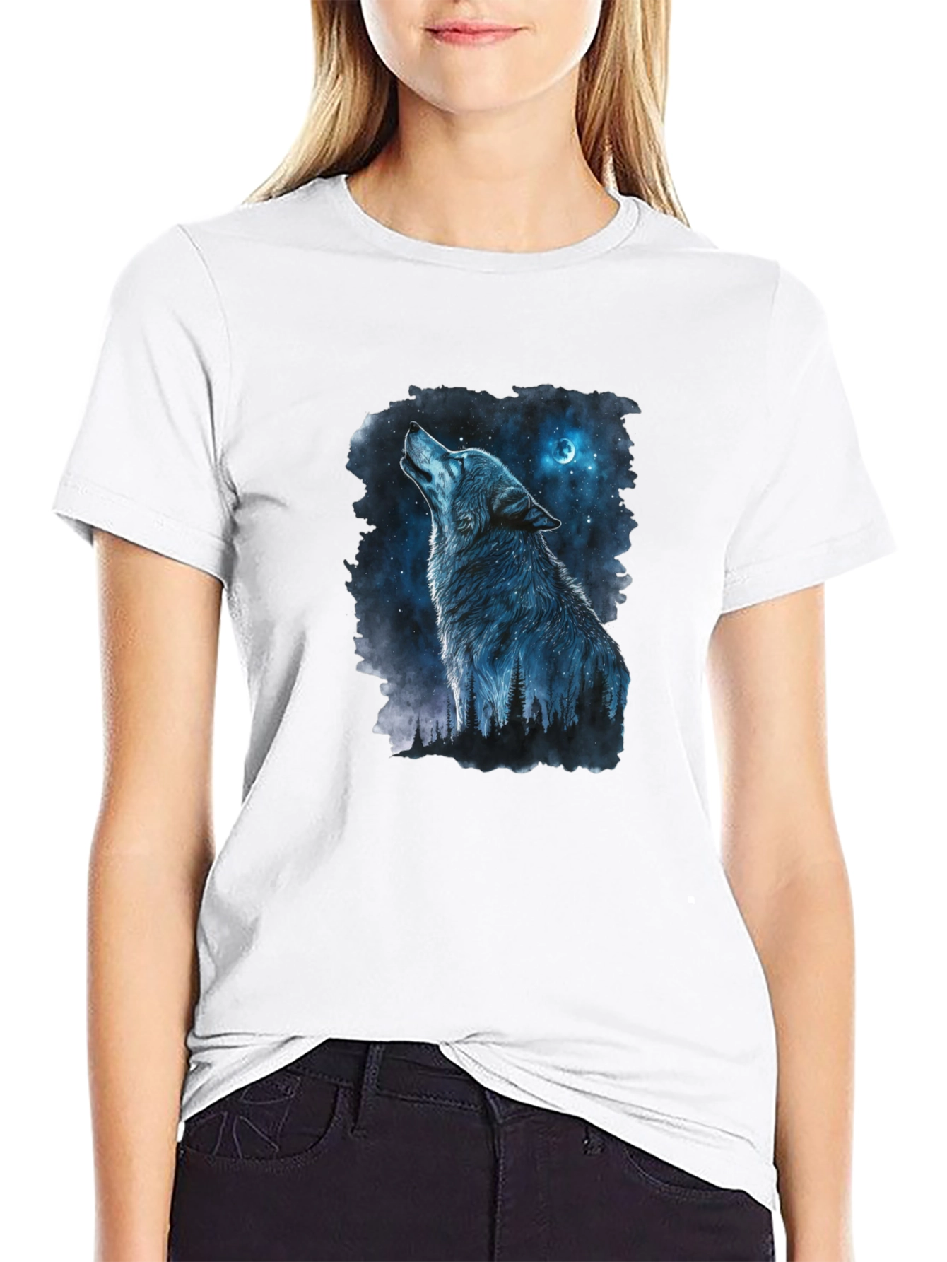 Wolf Howling at Moon Graphic Black T-Shirt