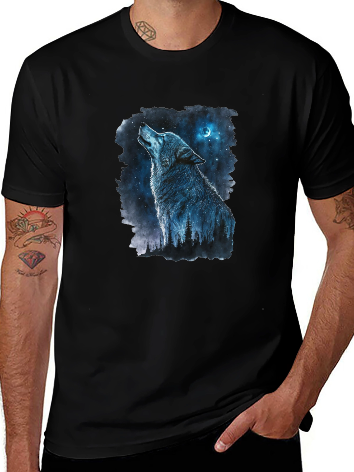 Wolf Howling at Moon Graphic Black T-Shirt