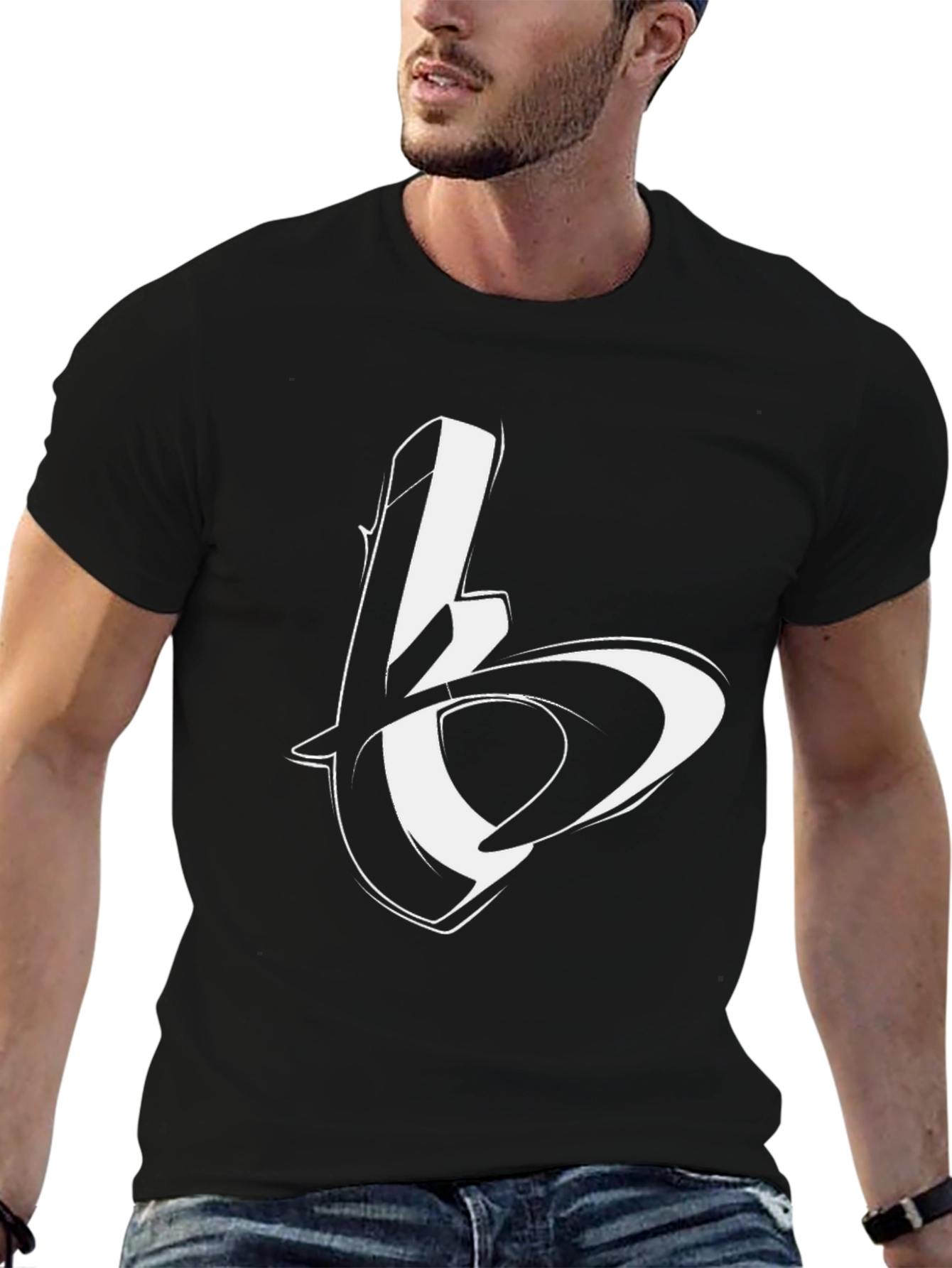 Black Graphic Tee with Abstract Letter Design