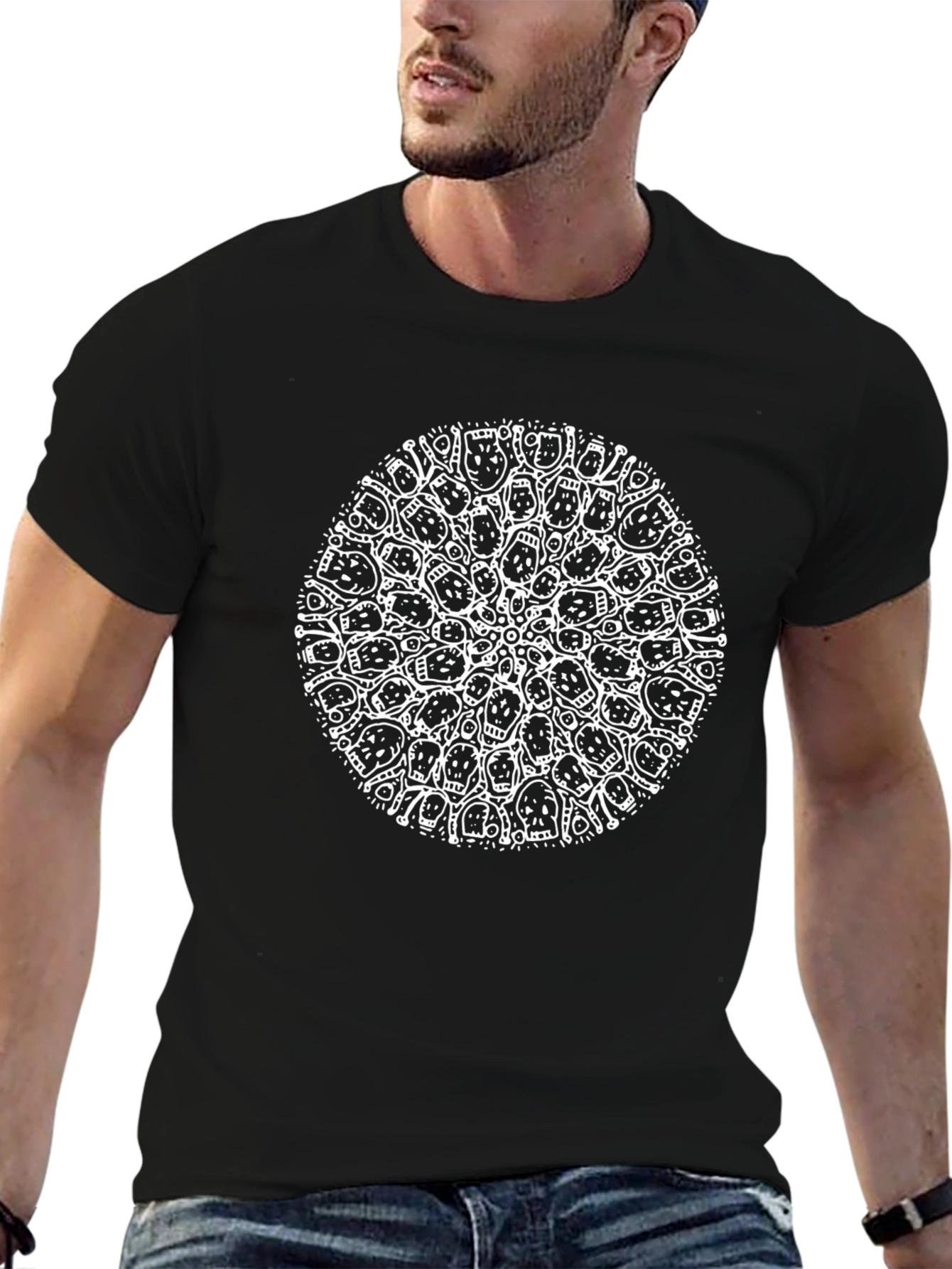 Skull Mandala Graphic Tee - Black Crew Neck T-Shirt