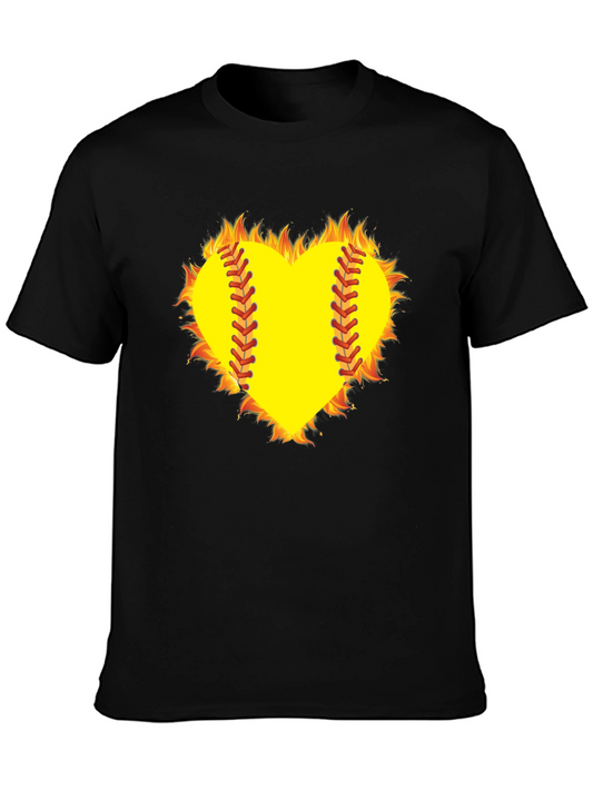 Fiery Softball Heart T-Shirt - Black