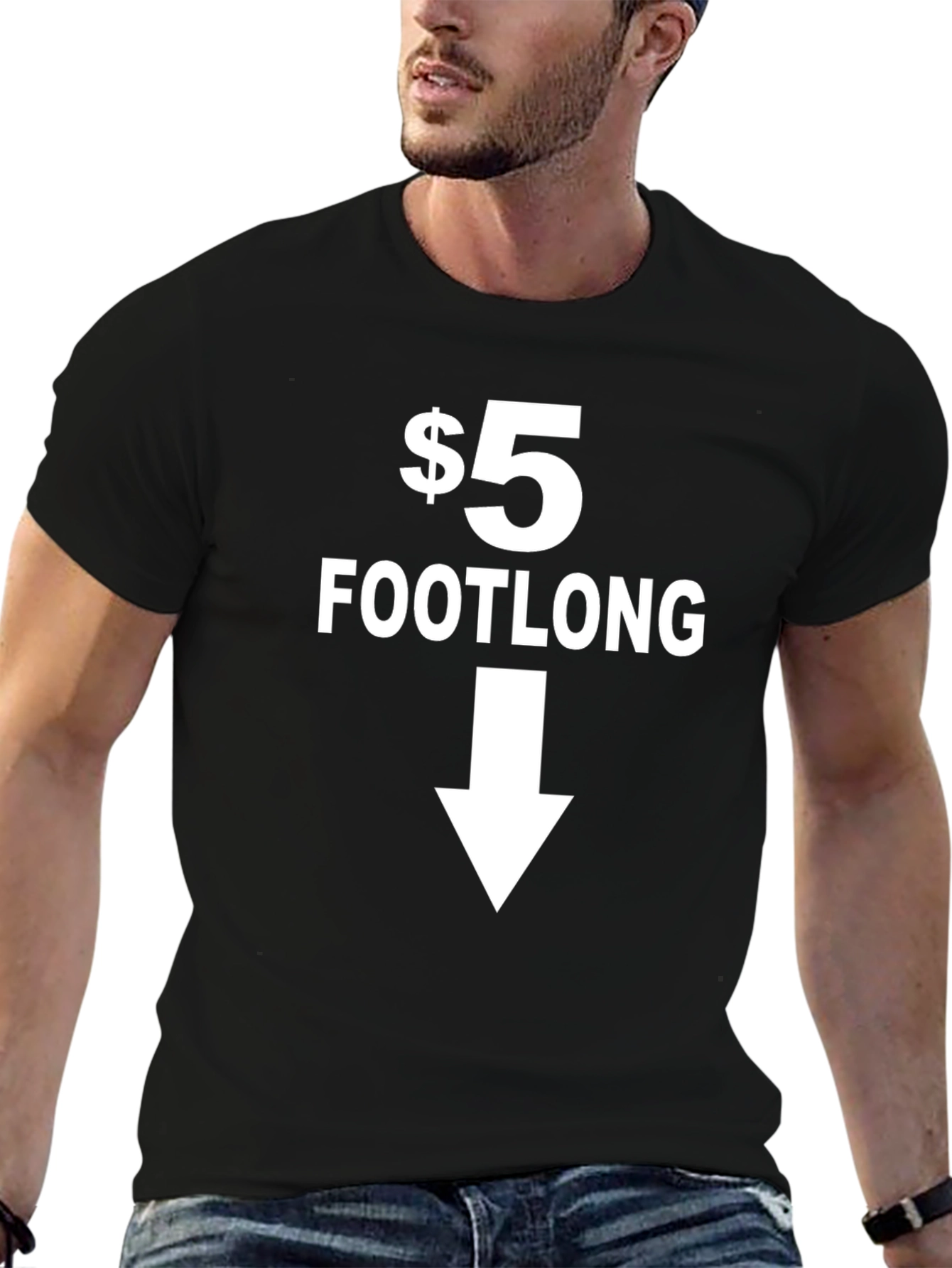 $5 Footlong Black Graphic T-Shirt - Point Down