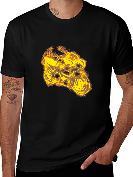 Fiery Motorcycle Graphic Tee - Black Cotton