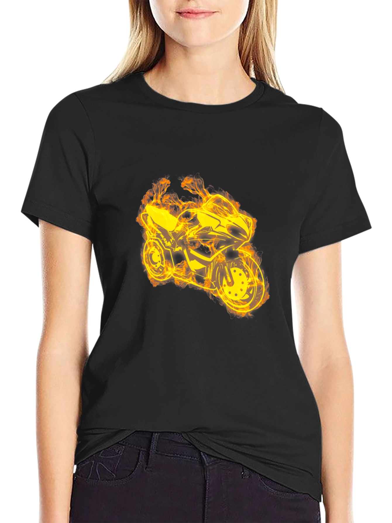 Fiery Motorcycle Graphic Tee - Black Cotton