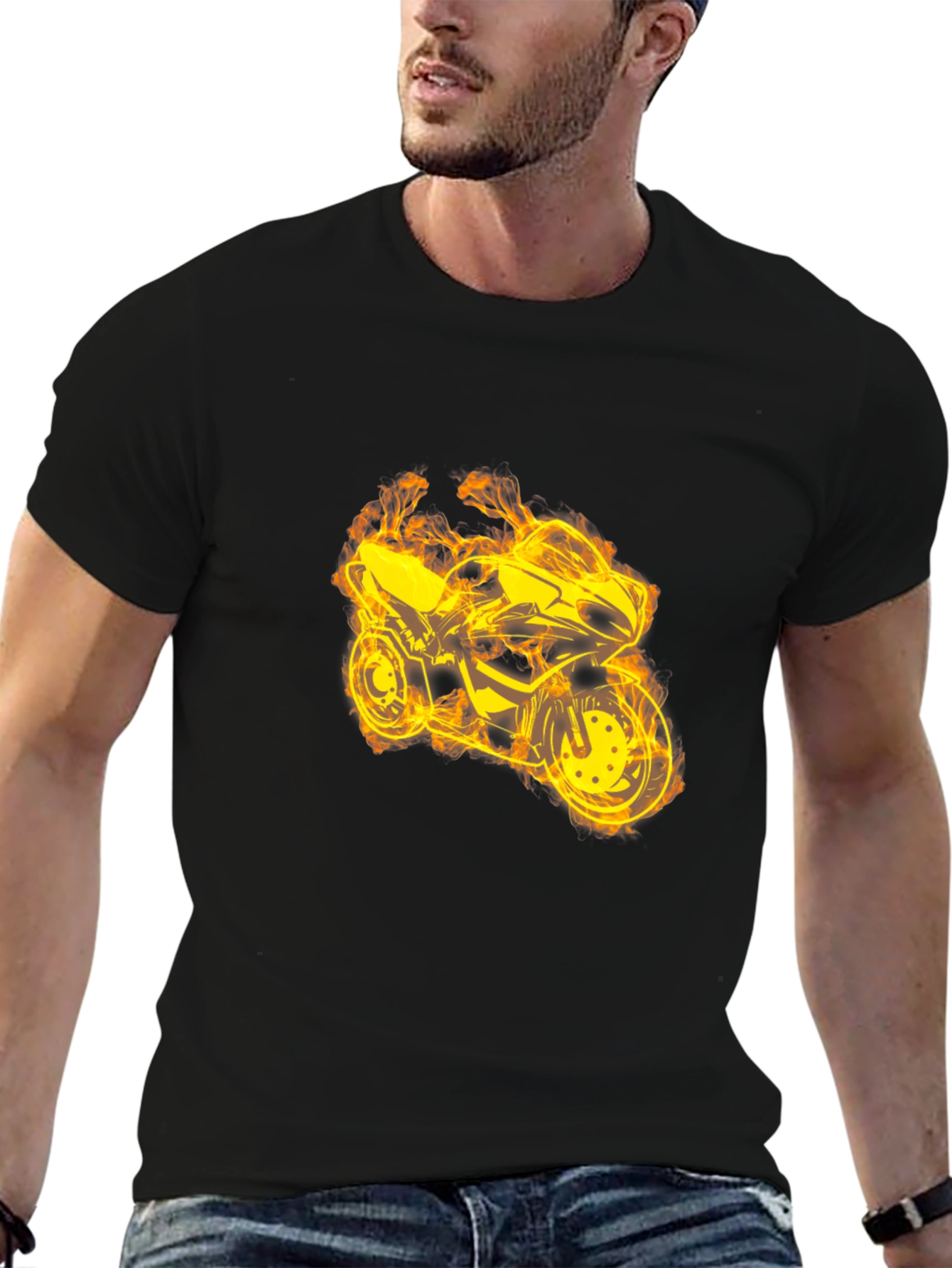 Fiery Motorcycle Graphic Tee - Black Cotton