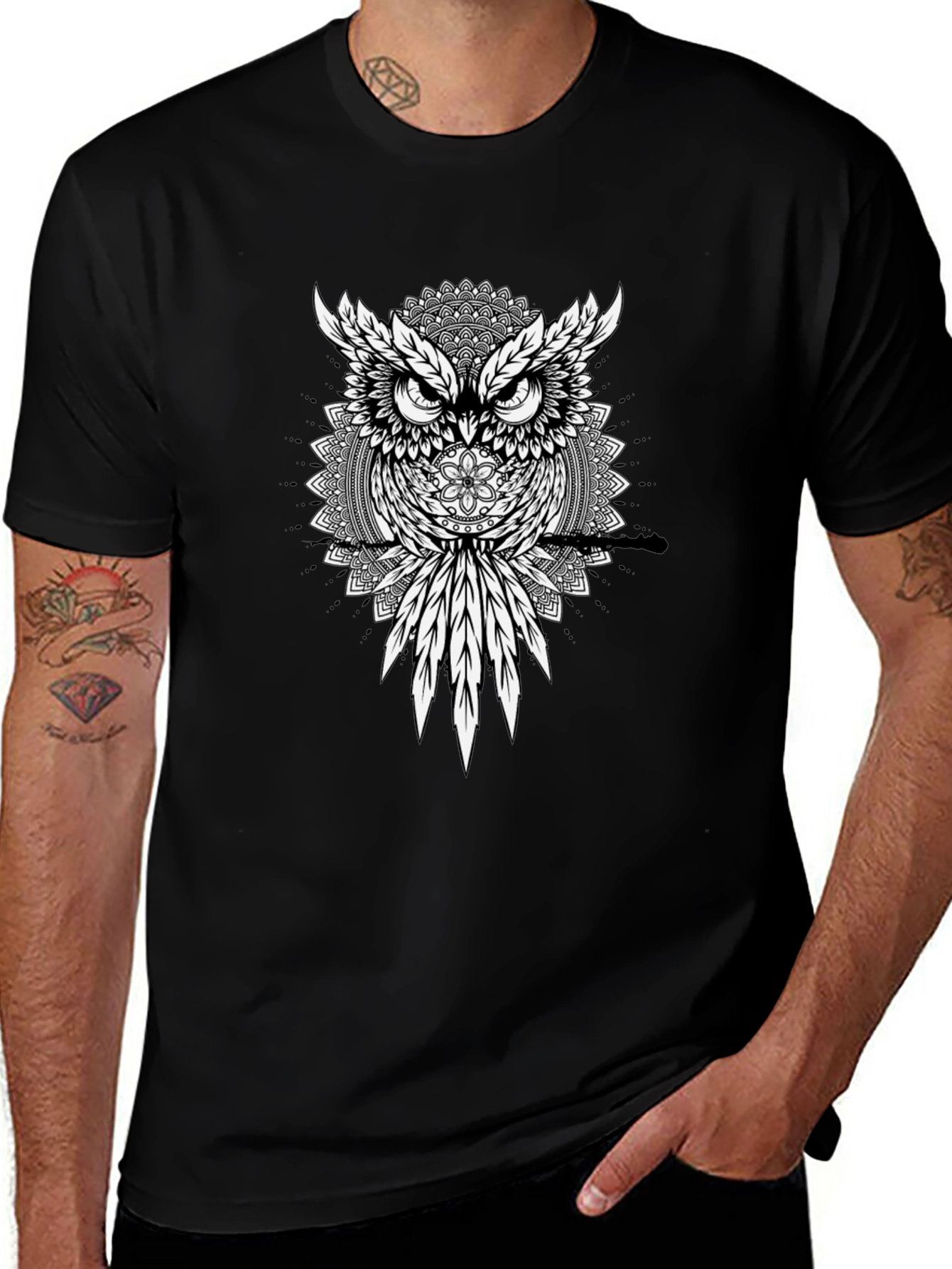 Owl Mandala Graphic Print Mens T-Shirt