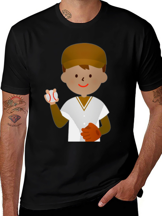 Cartoon Baseball Player T-Shirt - Black Cotton Tee