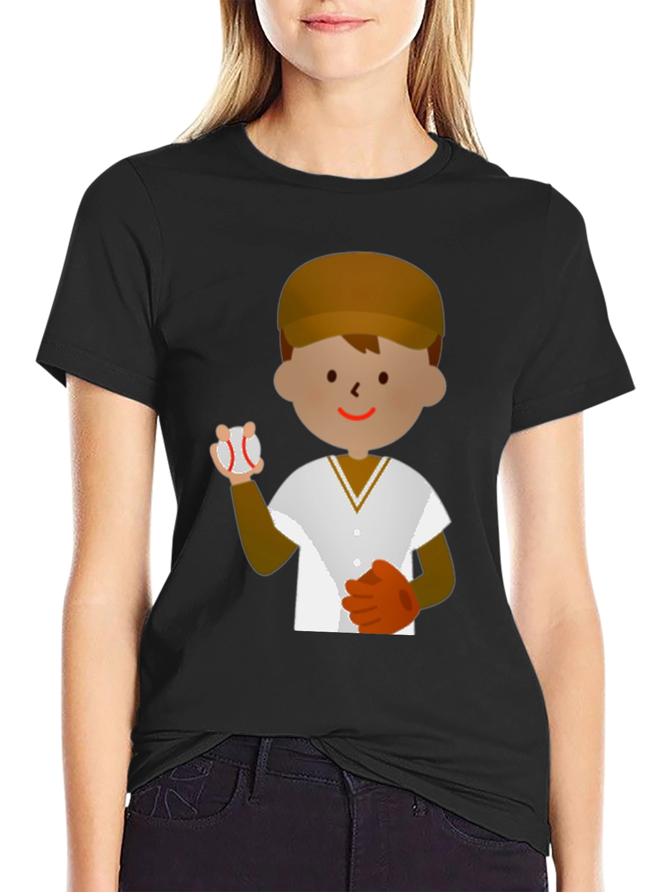 Cartoon Baseball Player T-Shirt - Black Cotton Tee