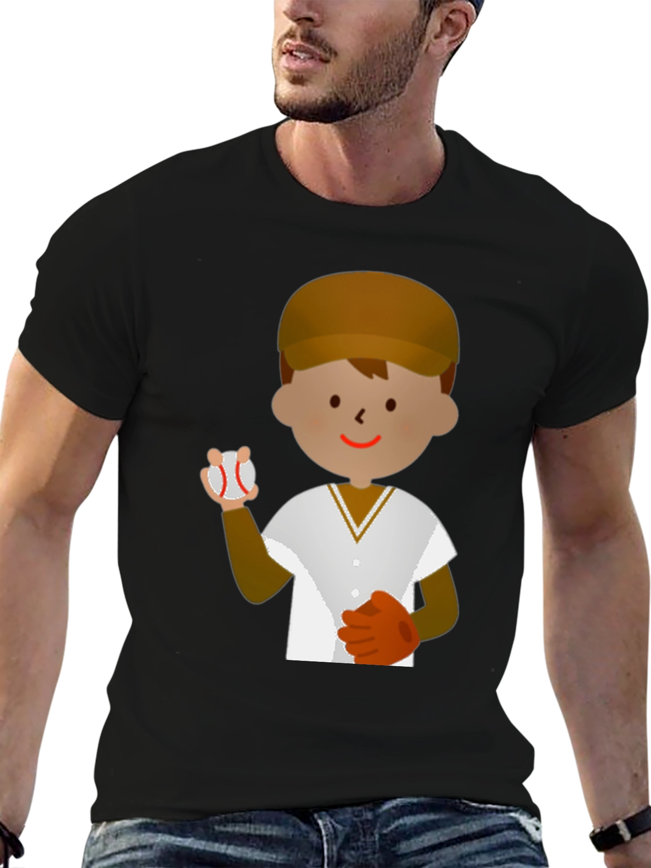 Cartoon Baseball Player T-Shirt - Black Cotton Tee