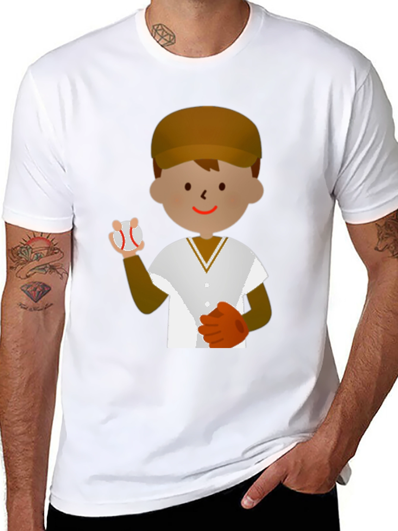 Cartoon Baseball Player T-Shirt - Black Cotton Tee