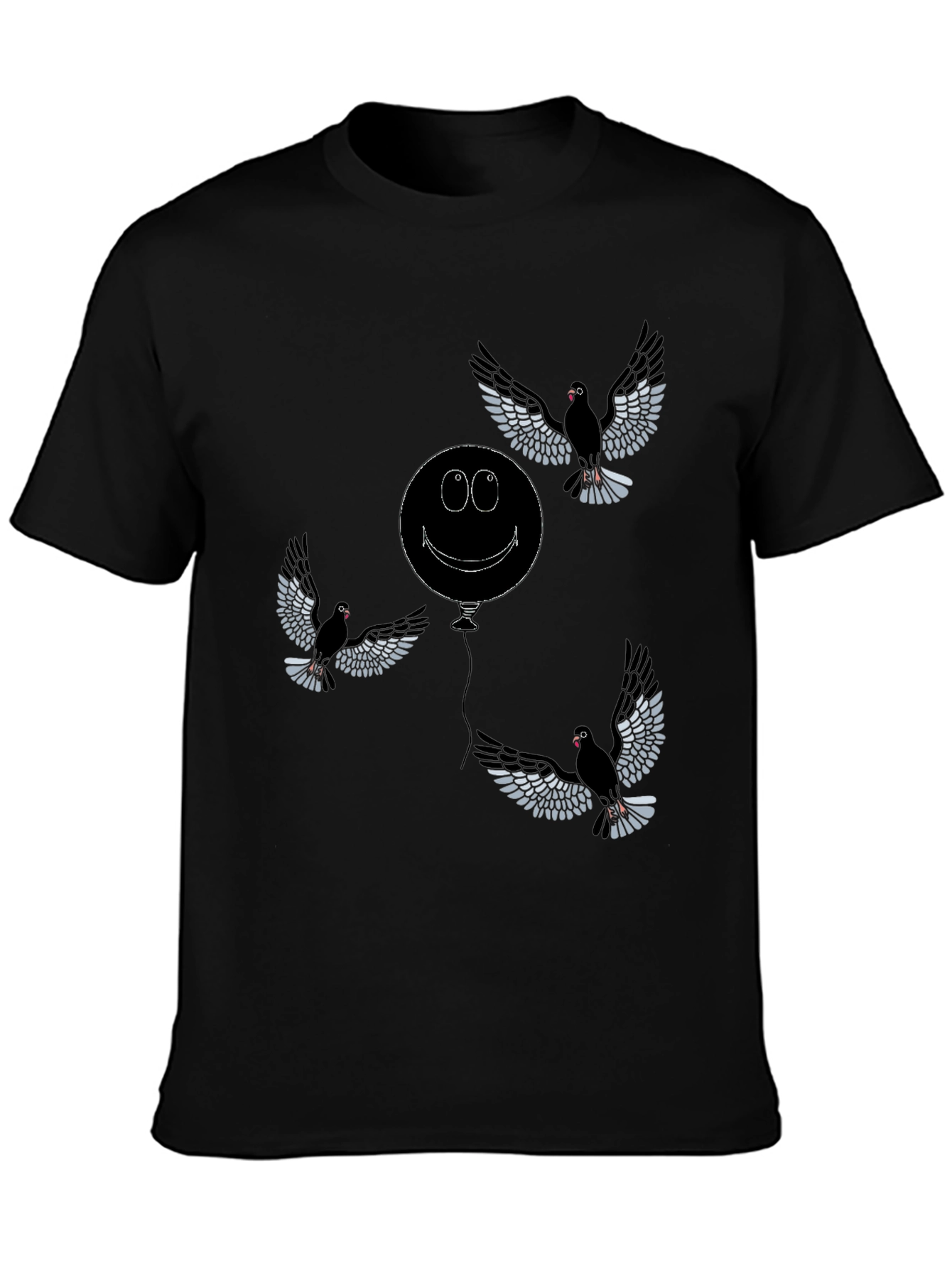 Whimsical Bird & Balloon Graphic T-Shirt - Black