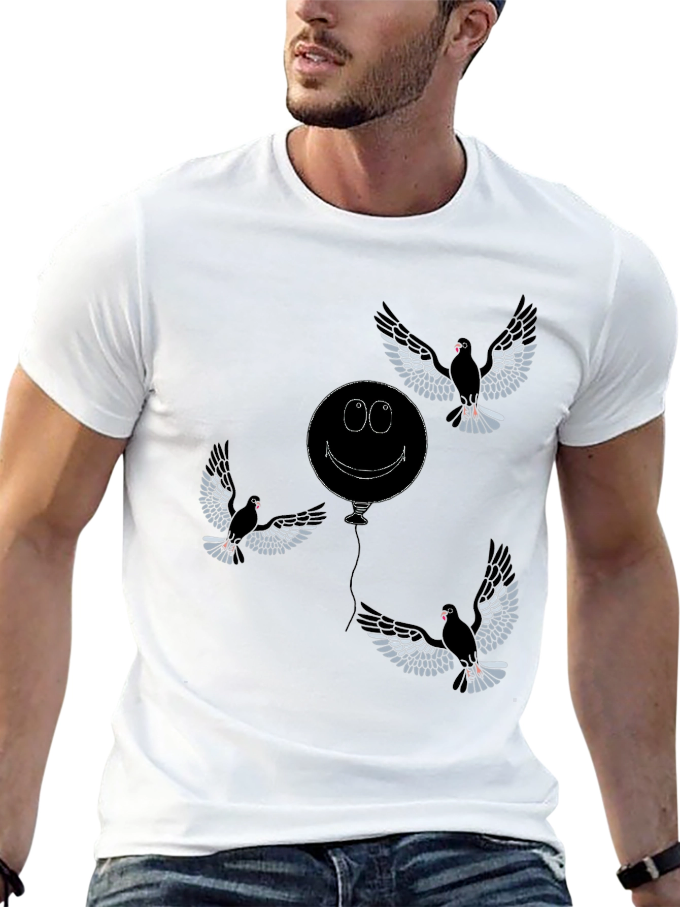 Whimsical Bird & Balloon Graphic T-Shirt - Black
