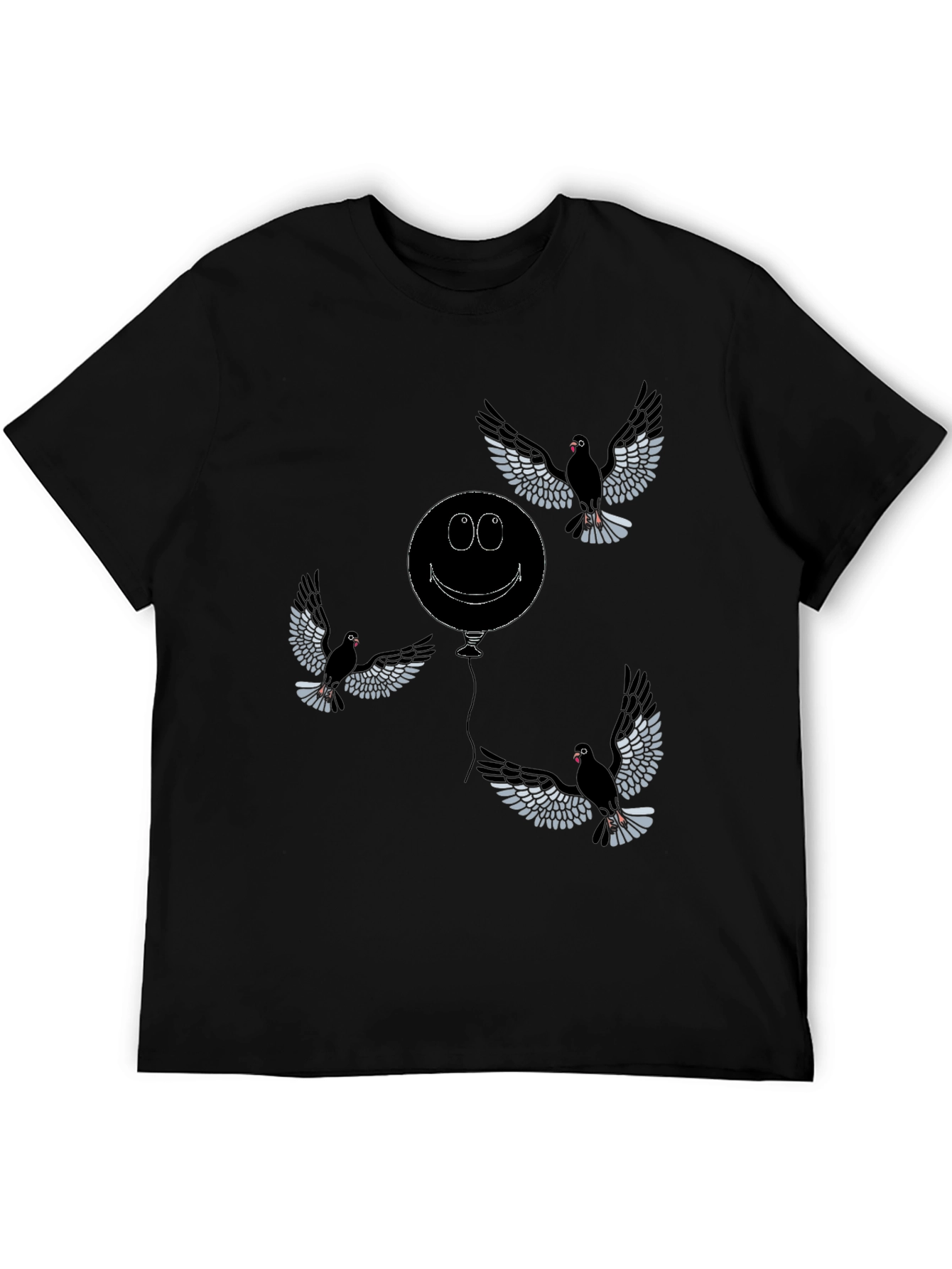 Whimsical Bird & Balloon Graphic T-Shirt - Black
