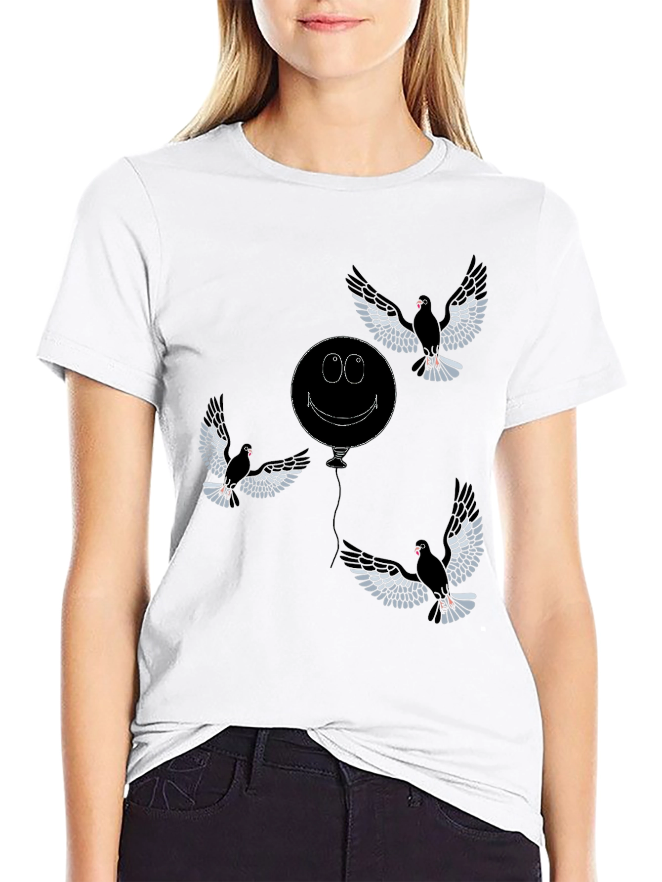 Whimsical Bird & Balloon Graphic T-Shirt - Black