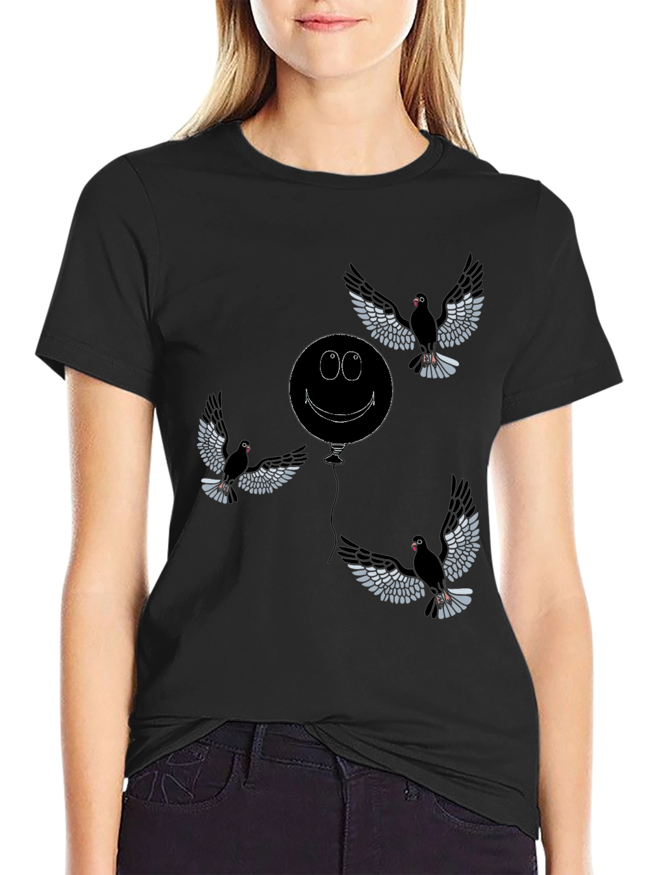 Whimsical Bird & Balloon Graphic T-Shirt - Black