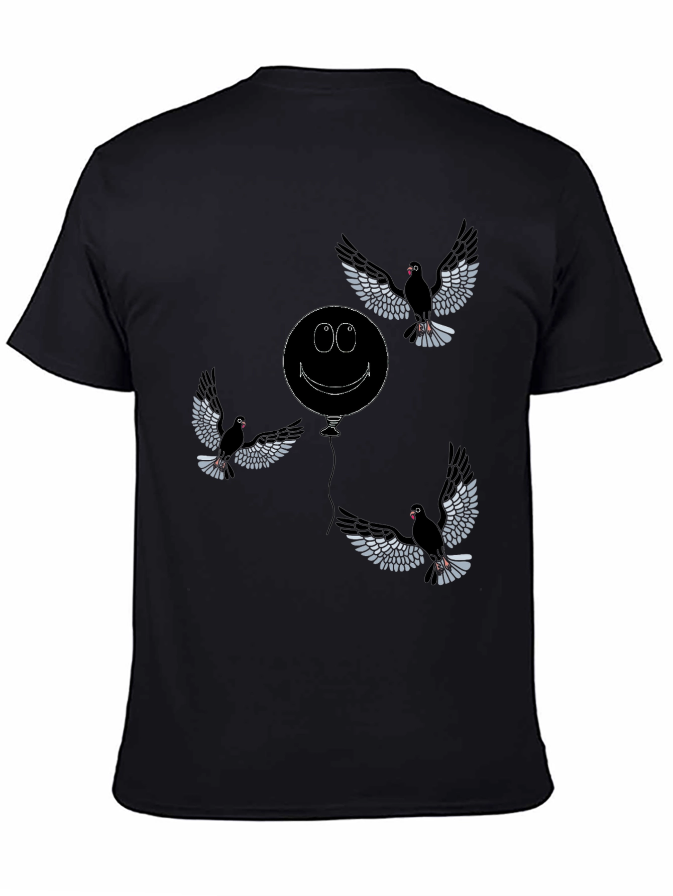 Whimsical Bird & Balloon Graphic T-Shirt - Black