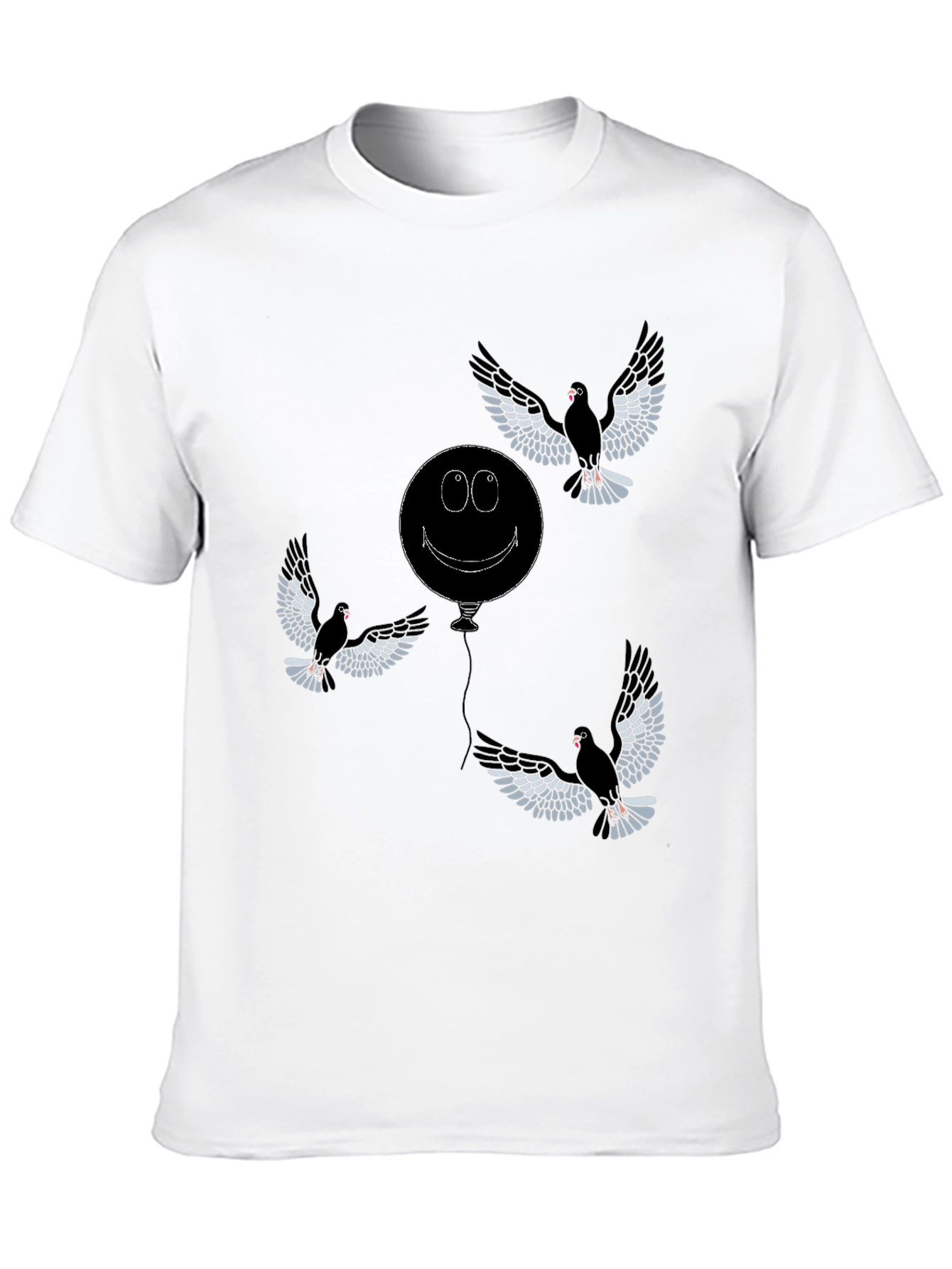 Whimsical Bird & Balloon Graphic T-Shirt - Black