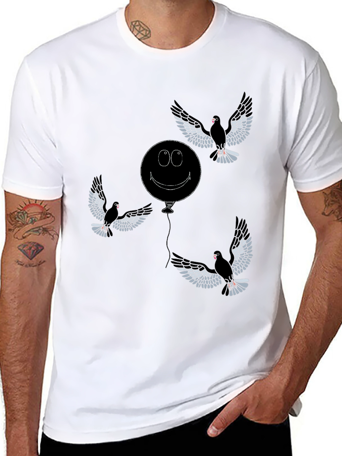 Whimsical Bird & Balloon Graphic T-Shirt - Black