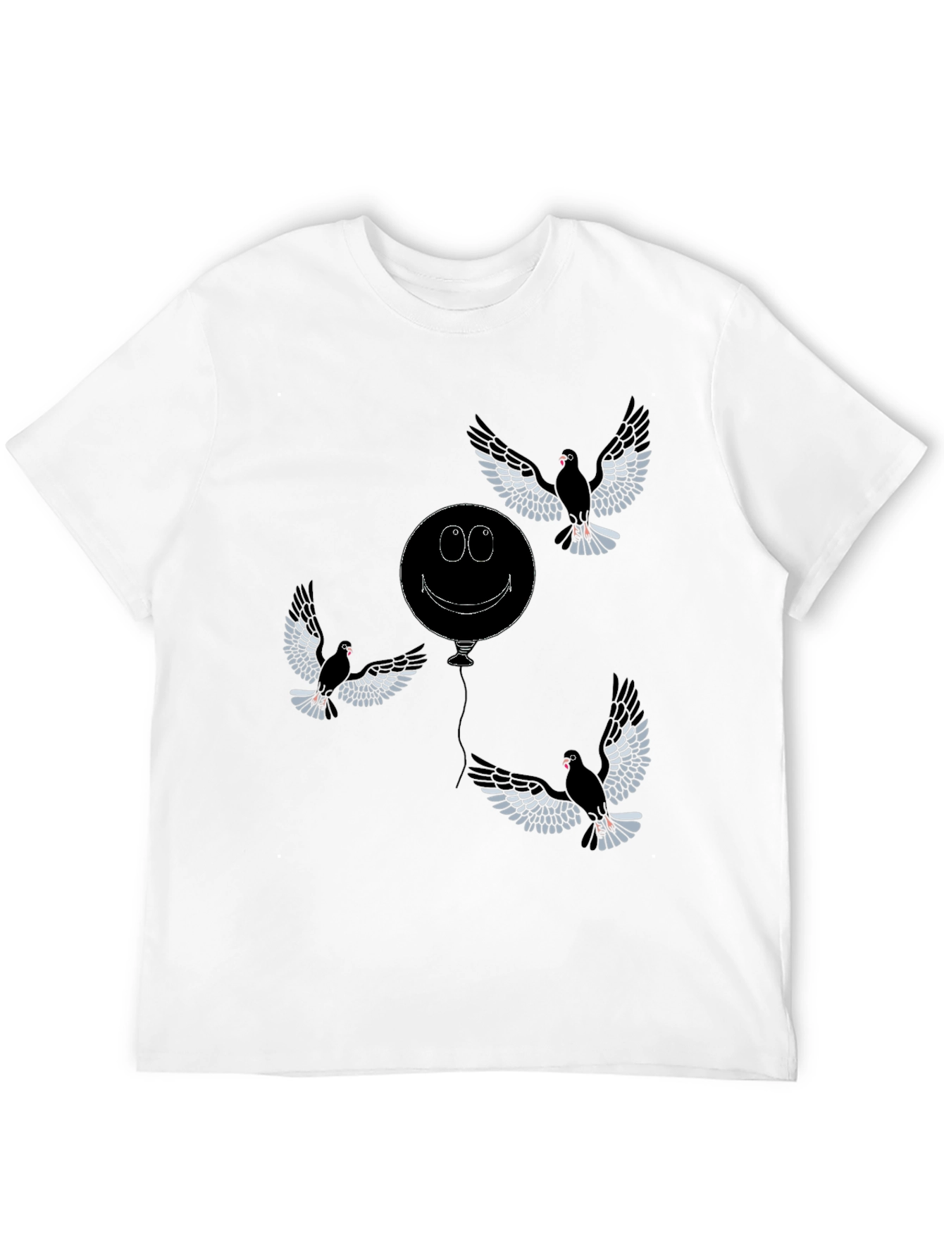 Whimsical Bird & Balloon Graphic T-Shirt - Black