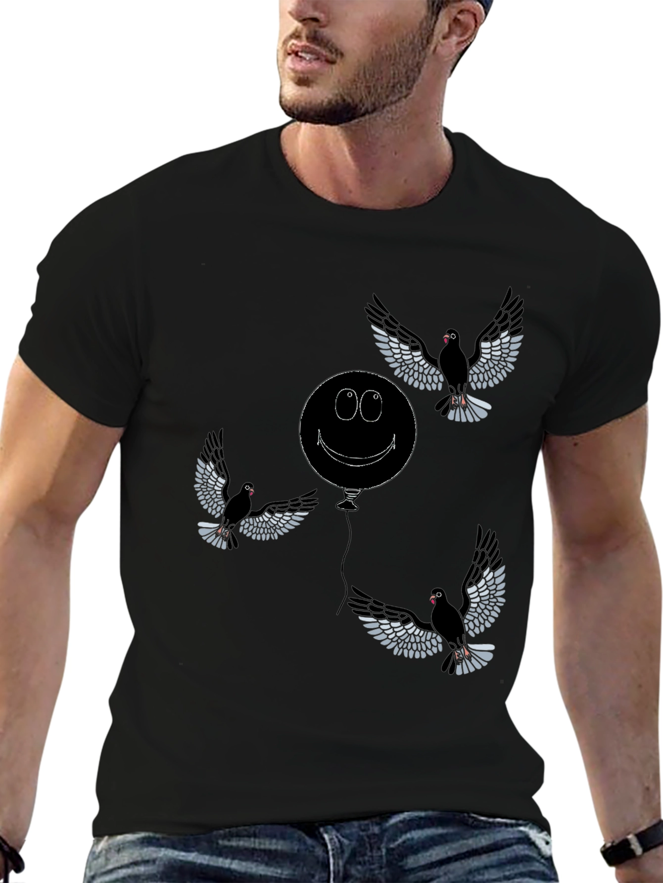 Whimsical Bird & Balloon Graphic T-Shirt - Black