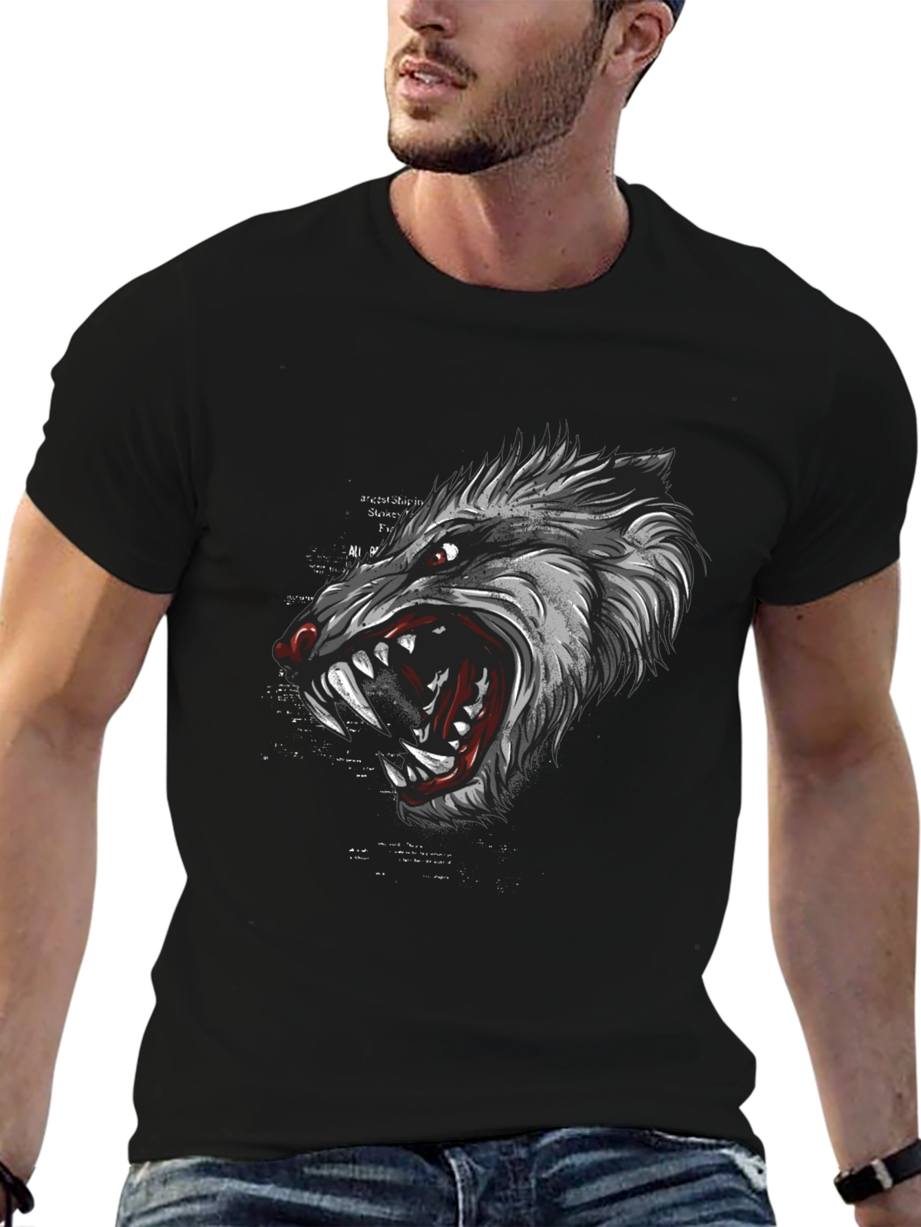 Mens Black Graphic T-Shirt - Wolf Design