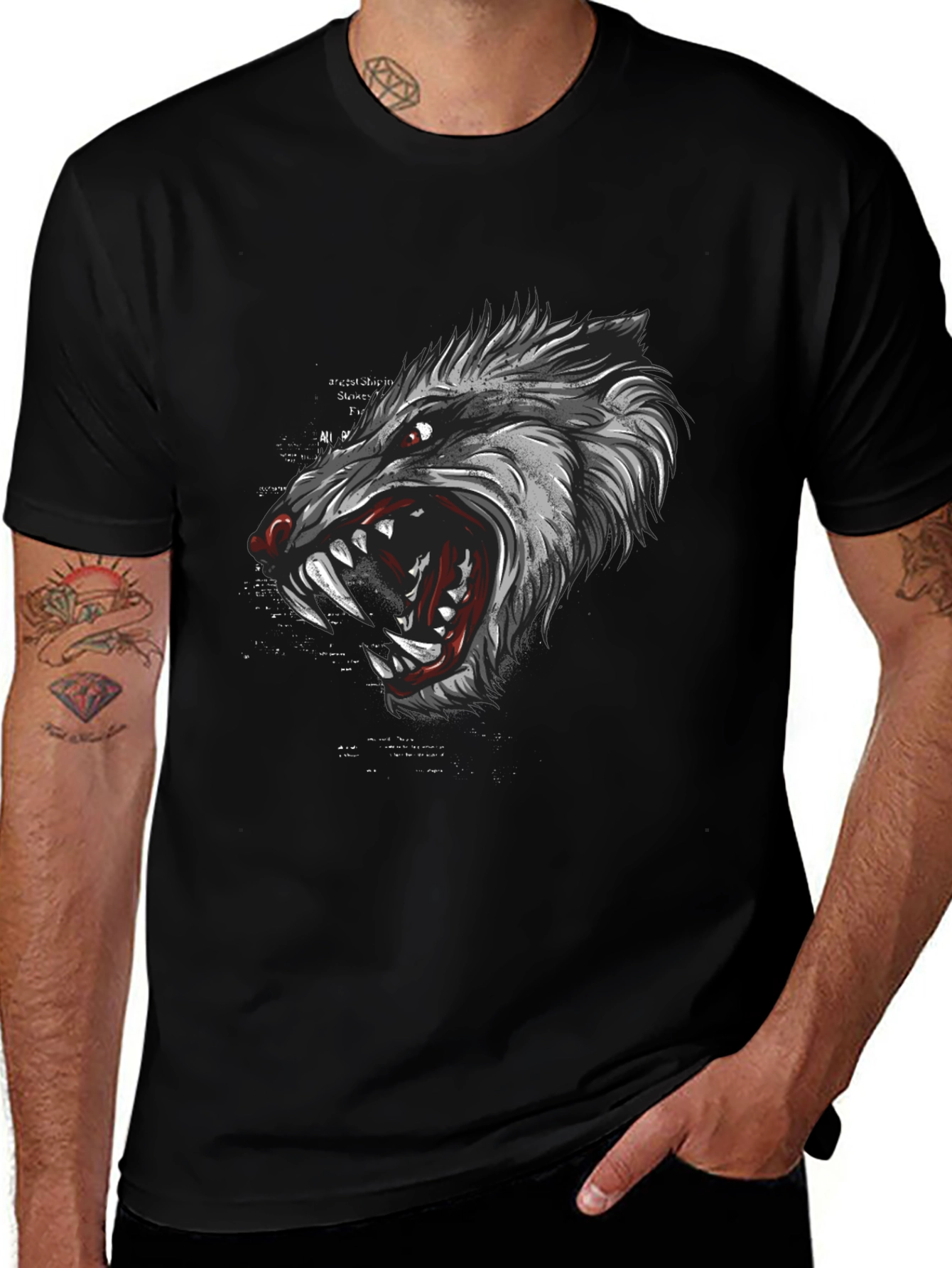 Mens Black Graphic T-Shirt - Wolf Design