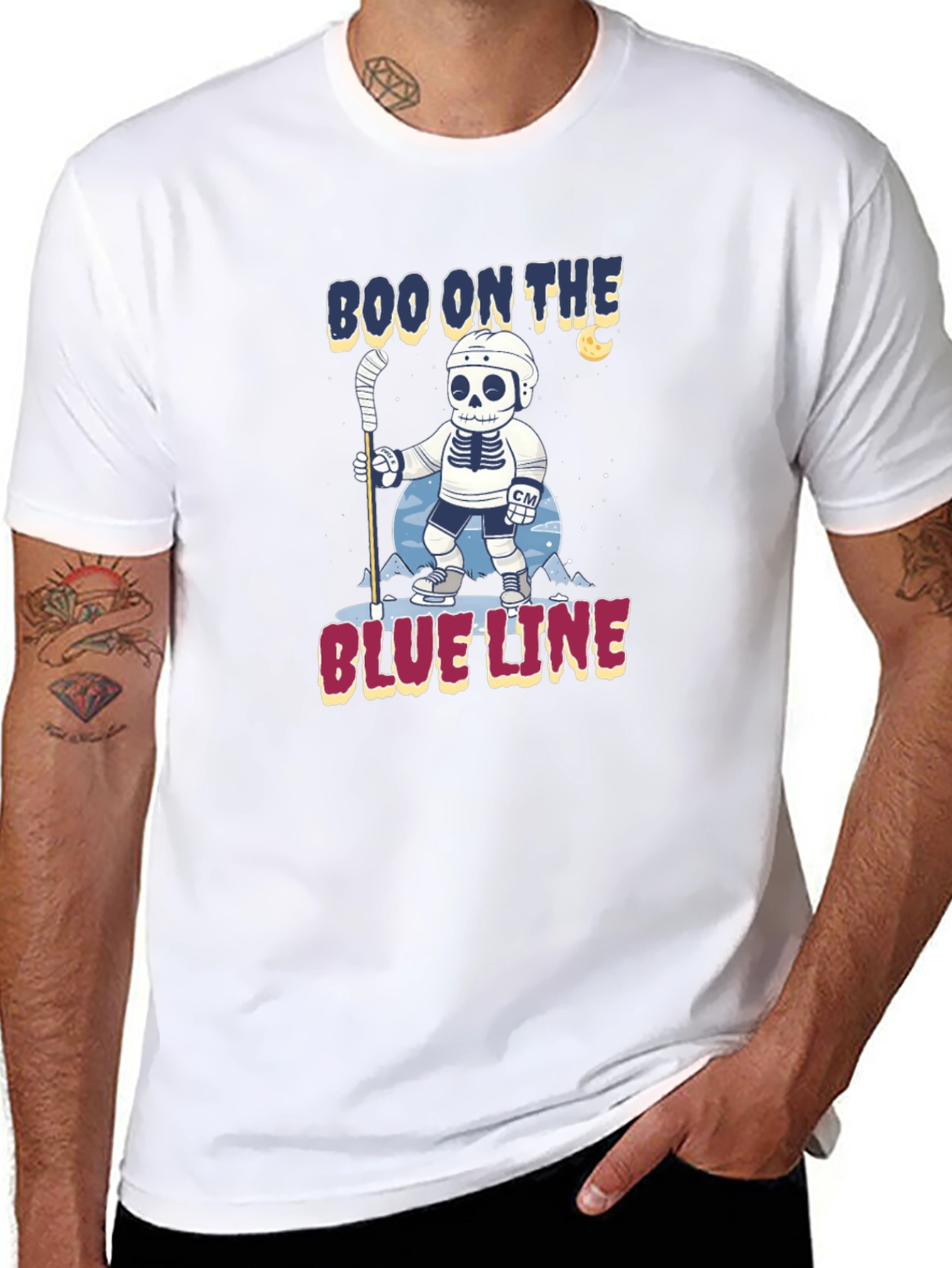 Boo on the Blue Line Hockey Skeleton T-Shirt