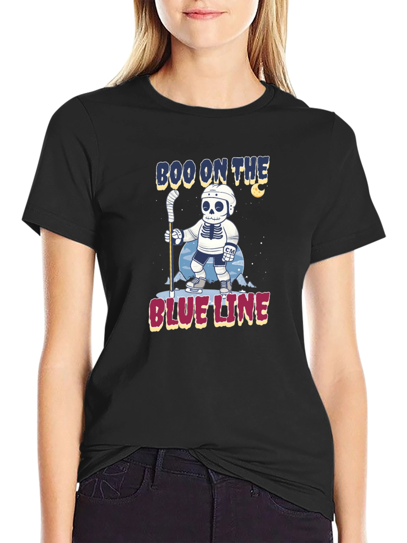Boo on the Blue Line Hockey Skeleton T-Shirt
