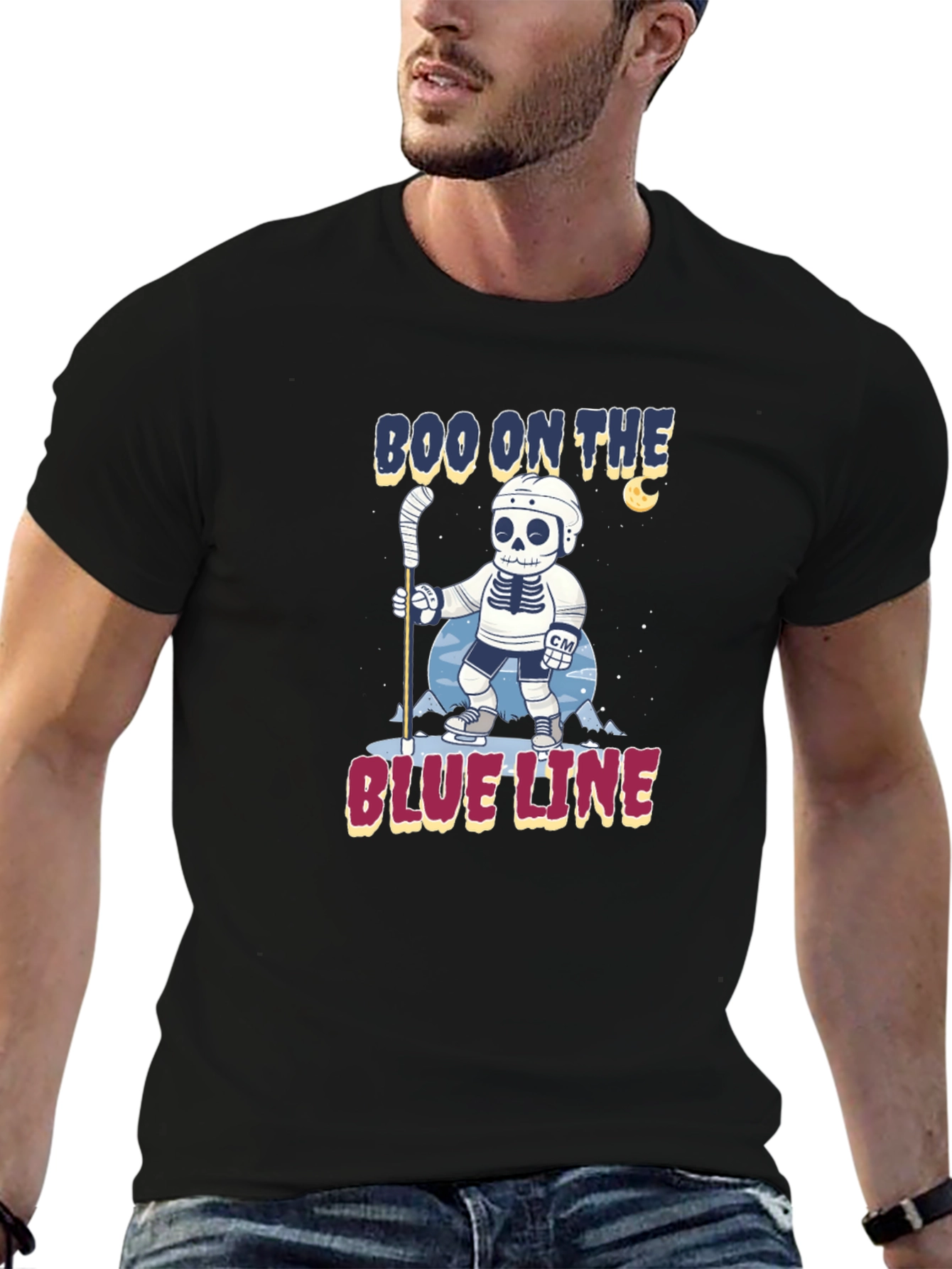 Boo on the Blue Line Hockey Skeleton T-Shirt