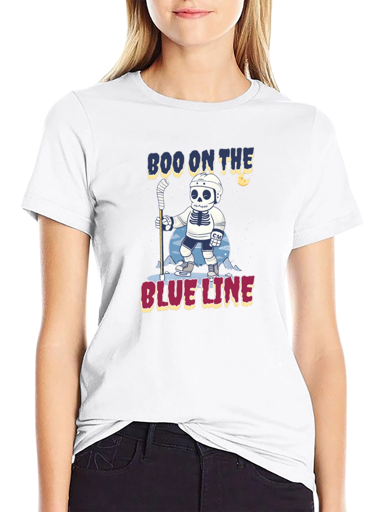 Boo on the Blue Line Hockey Skeleton T-Shirt