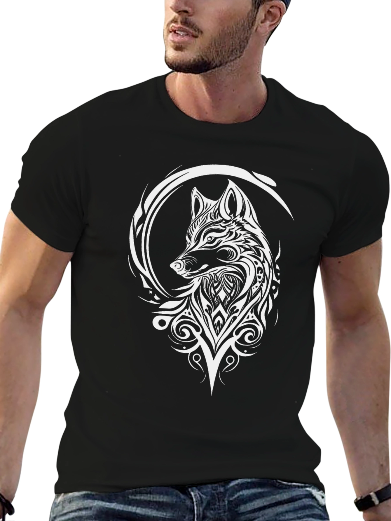 Wolf Tribal Art Black Tee