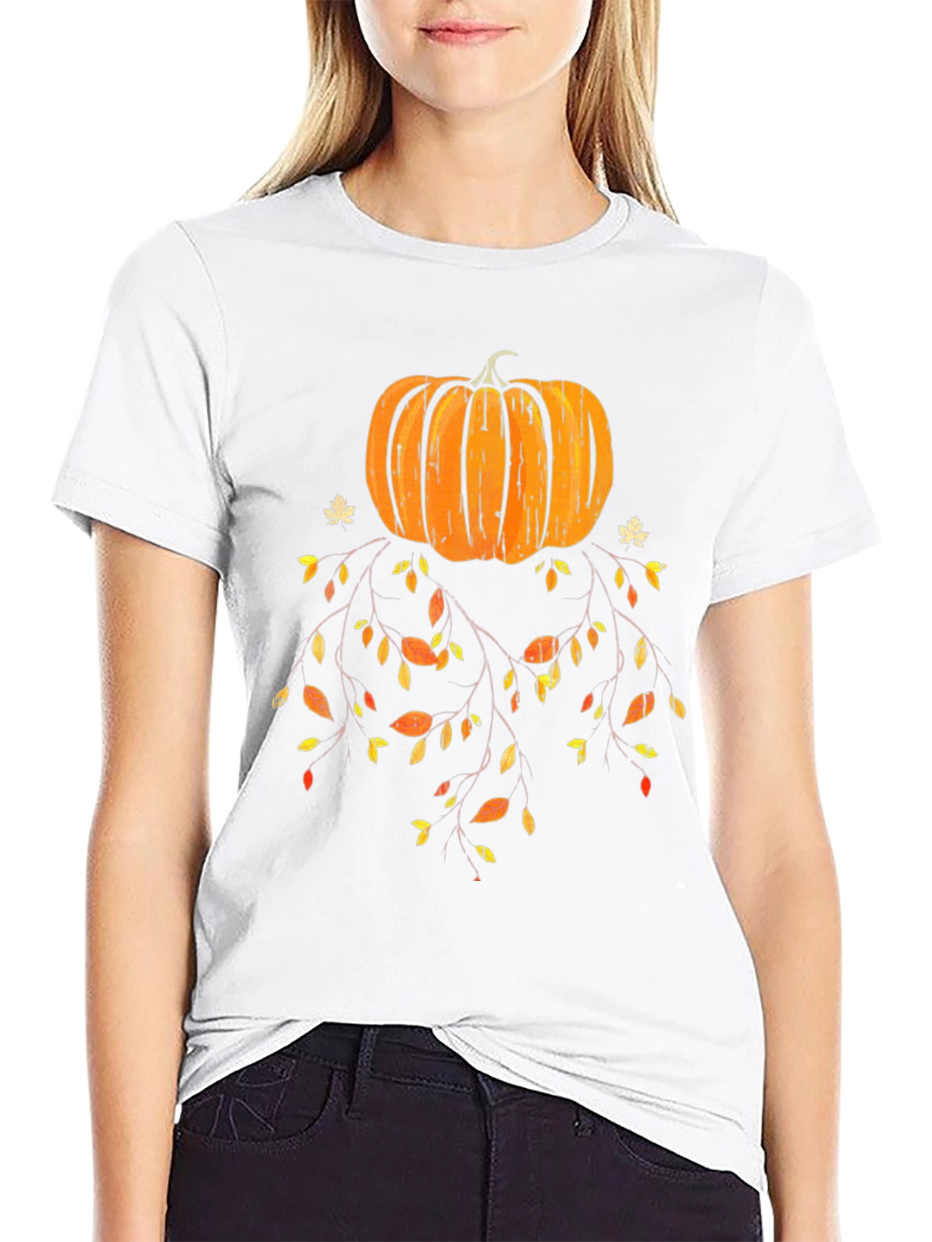 Pumpkin Fall Leaves Graphic Tee - Black