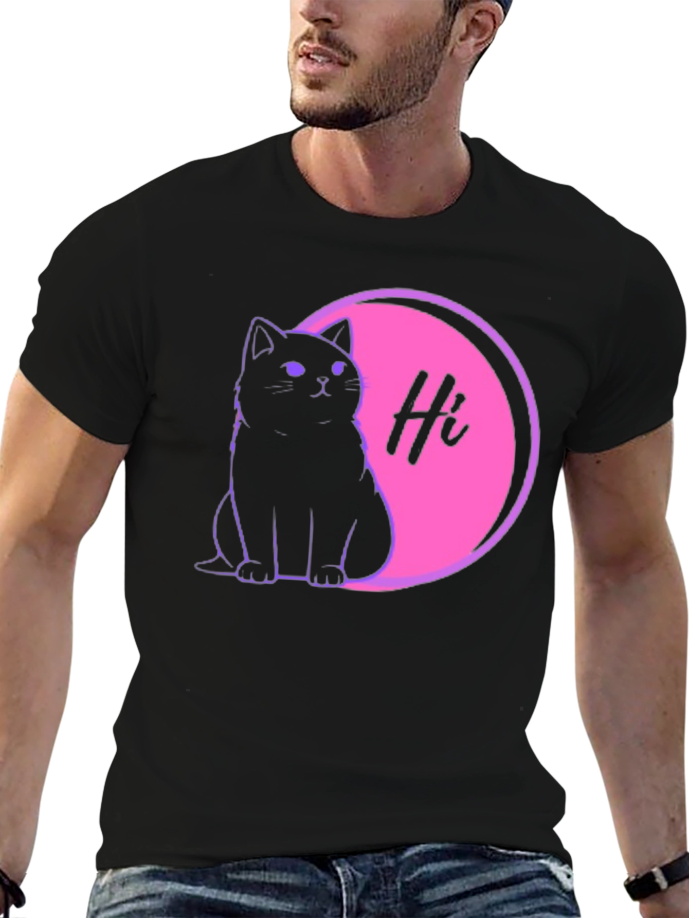 Cute Cat Hi Graphic Black T-Shirt