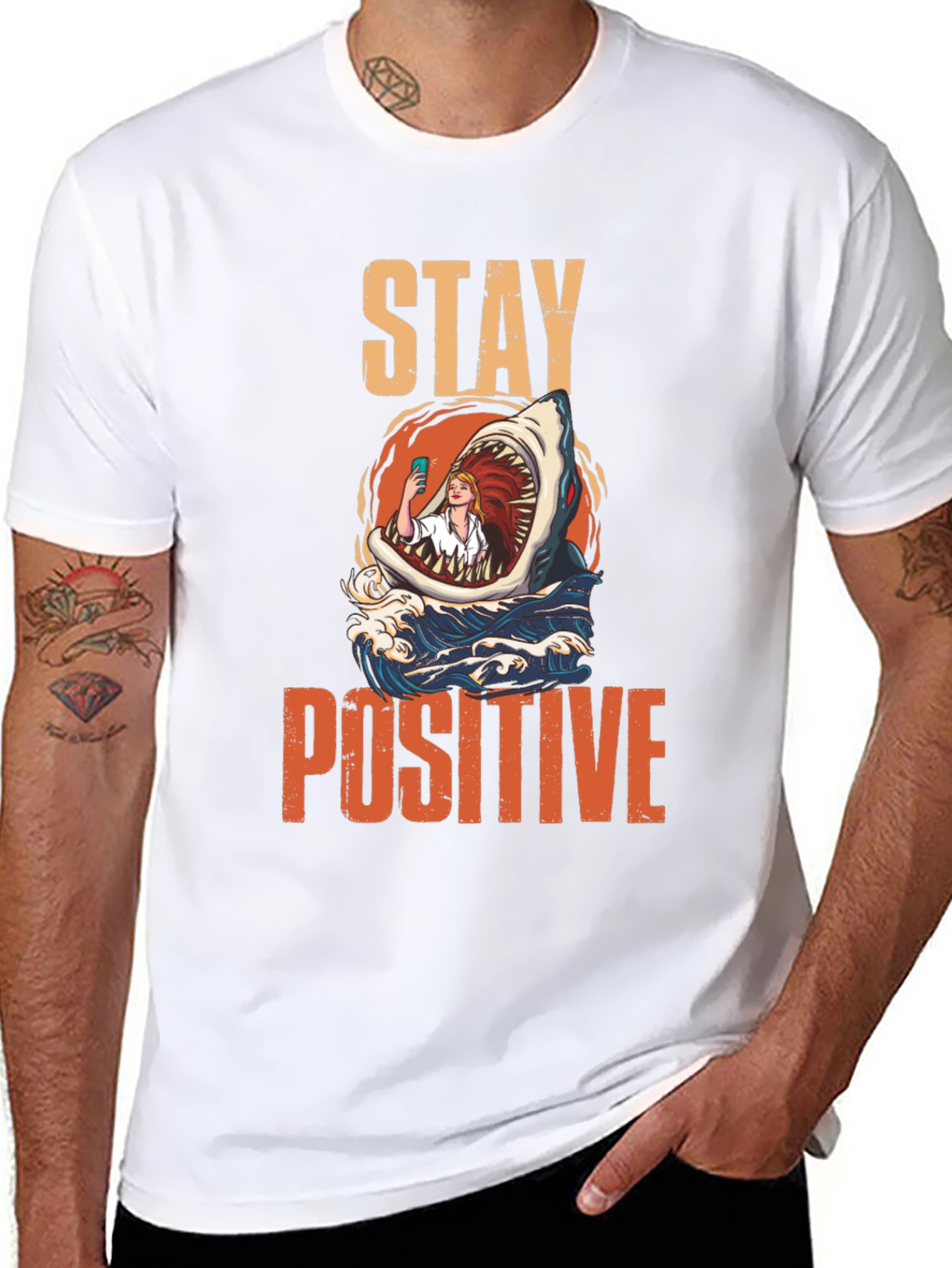 Stay Positive Shark Selfie Graphic Tee