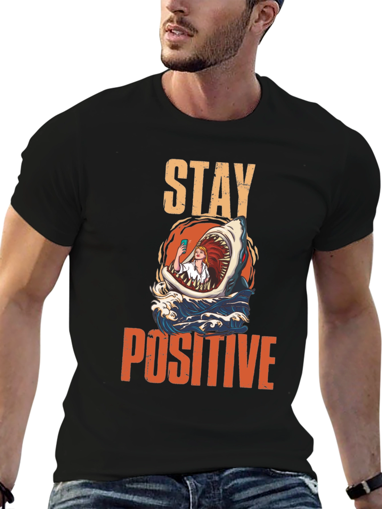 Stay Positive Shark Selfie Graphic Tee