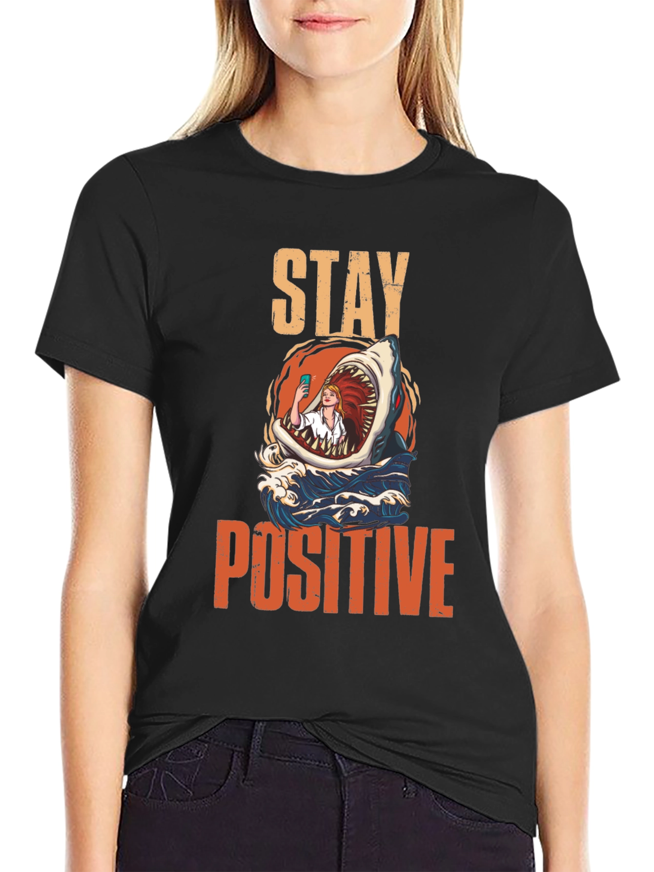 Stay Positive Shark Selfie Graphic Tee
