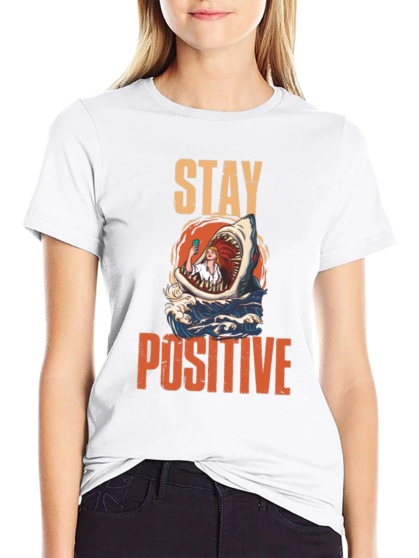 Stay Positive Shark Selfie Graphic Tee