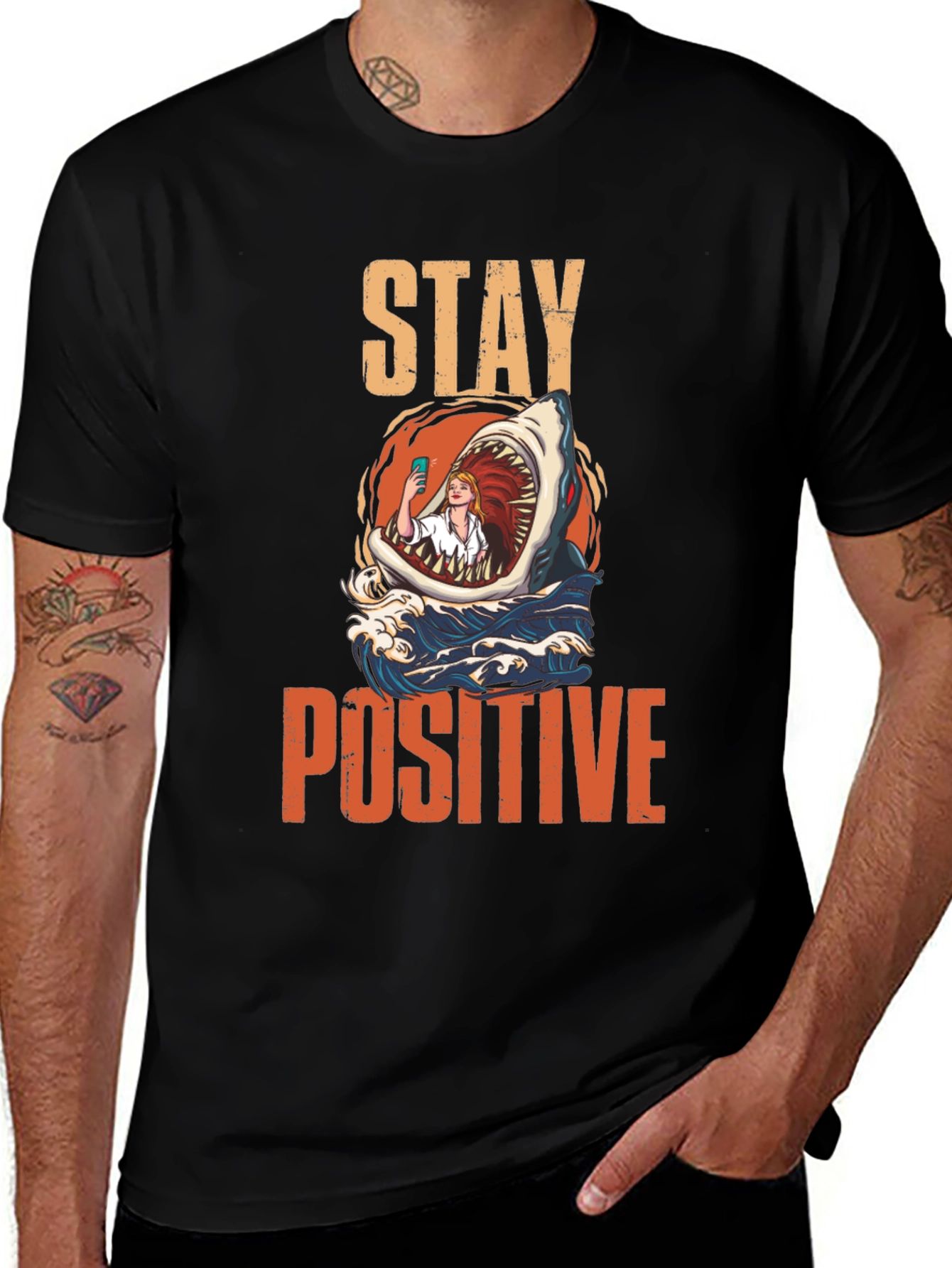 Stay Positive Shark Selfie Graphic Tee