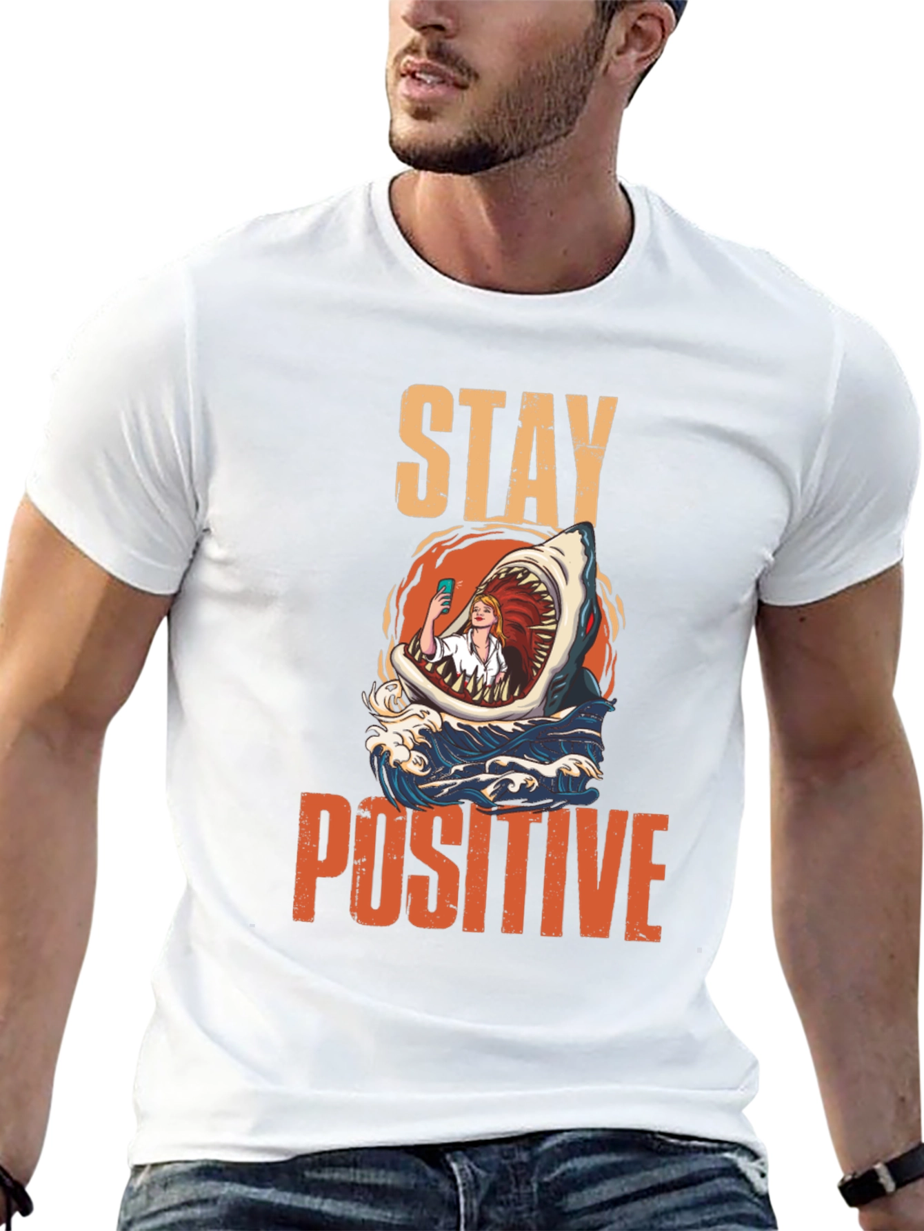 Stay Positive Shark Selfie Graphic Tee
