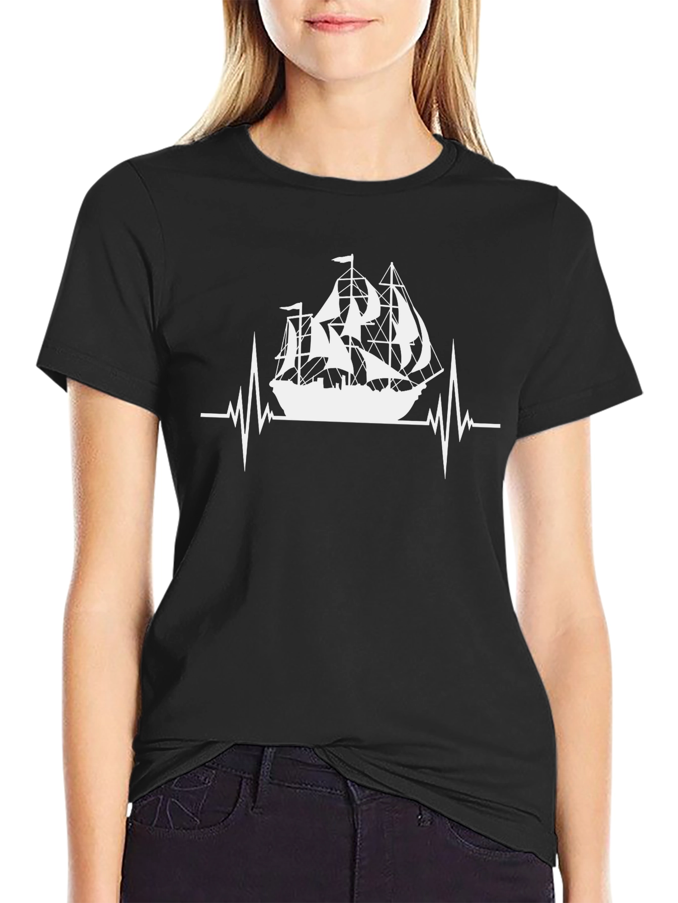 Nautical Heartbeat T-Shirt - Black Sailing Ship Tee