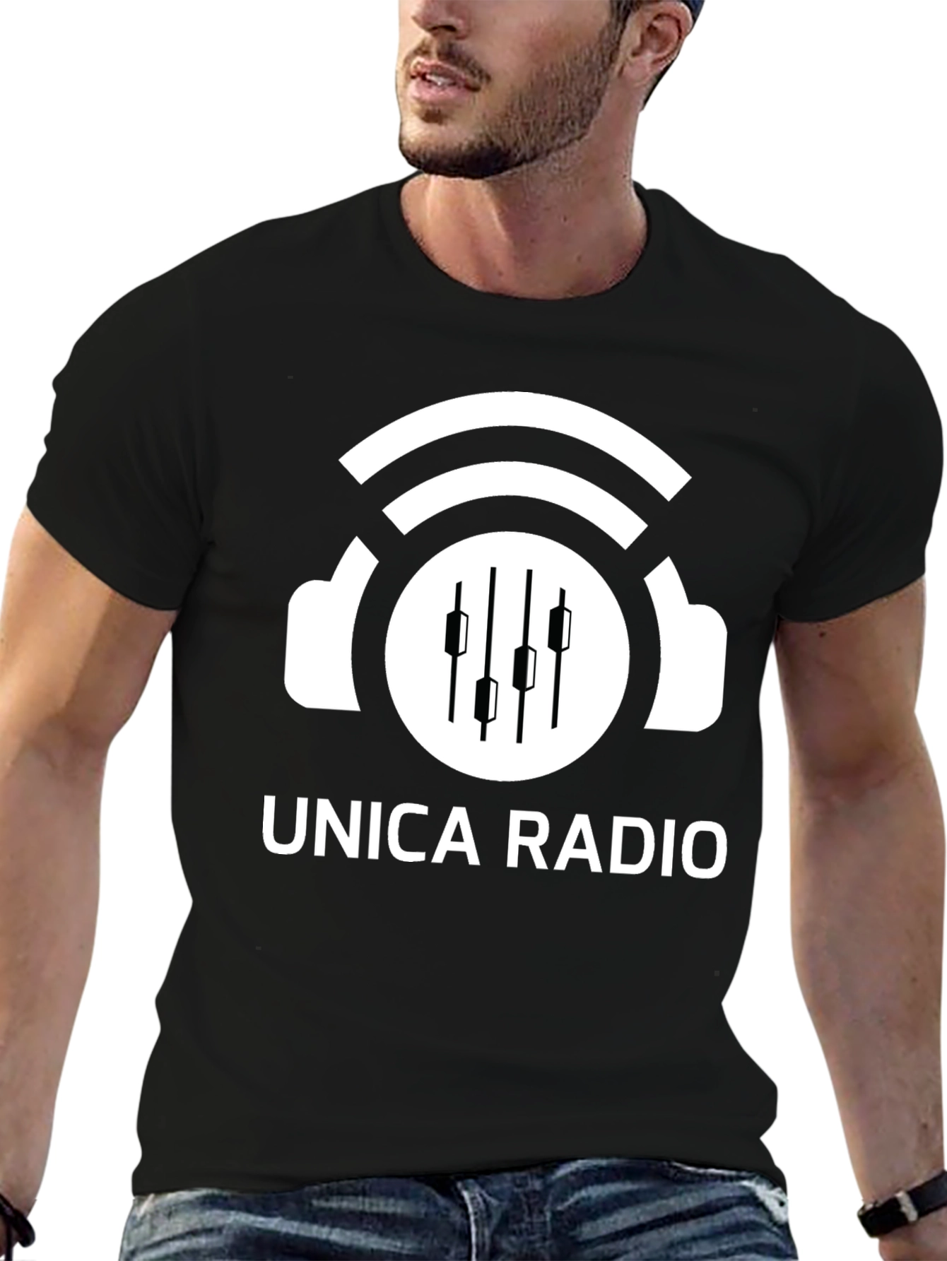 Unica Radio Black T-Shirt with Headphones Logo