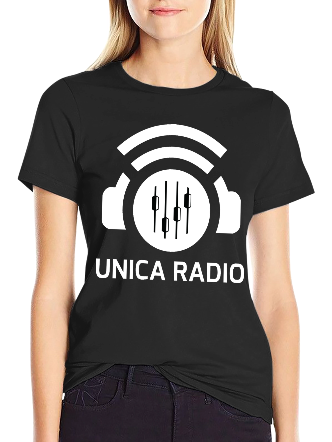 Unica Radio Black T-Shirt with Headphones Logo