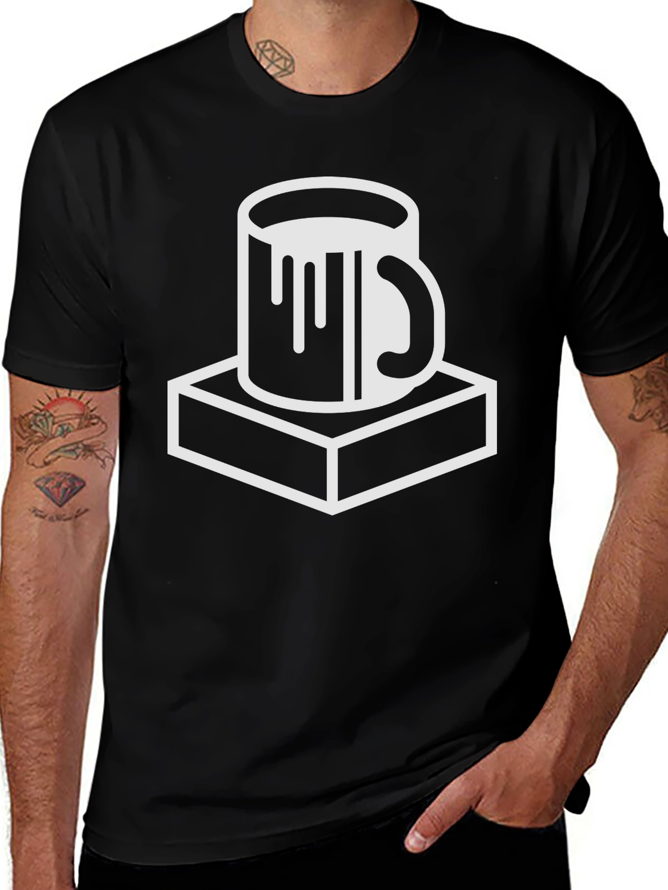 Black T-Shirt with Mug on Plinth Graphic