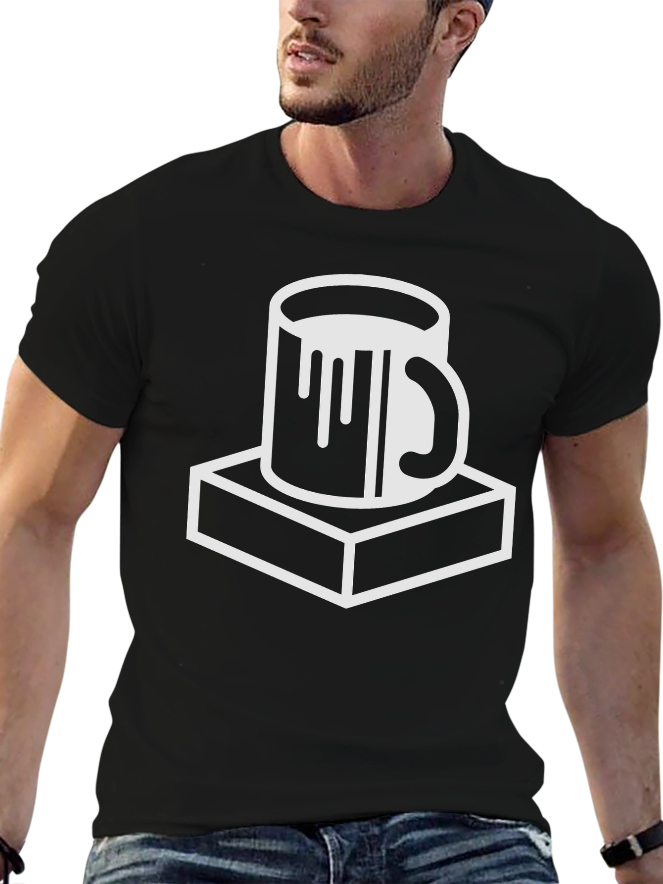 Black T-Shirt with Mug on Plinth Graphic