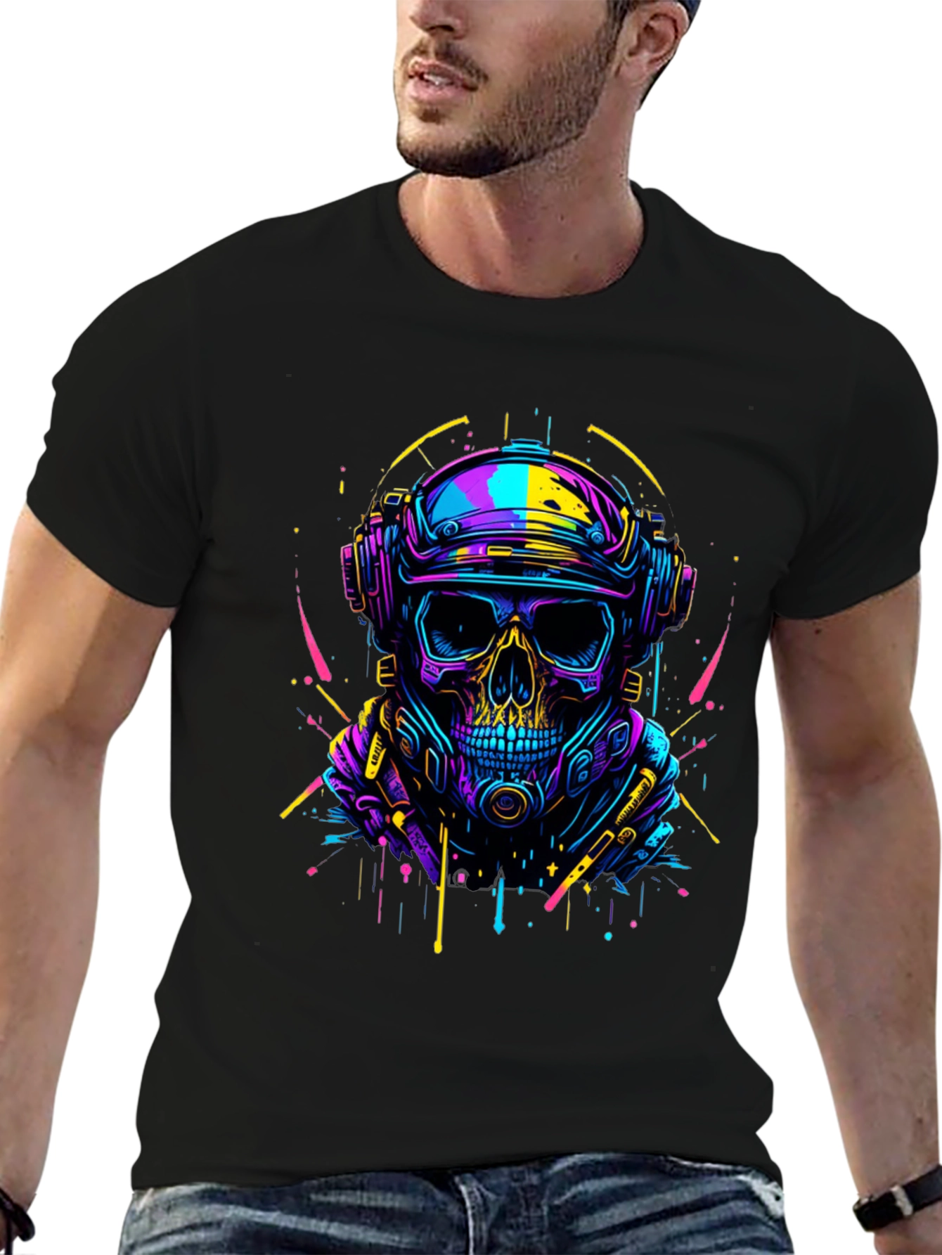 Cyberpunk Skull Graphic Tee - Neon Drip Design