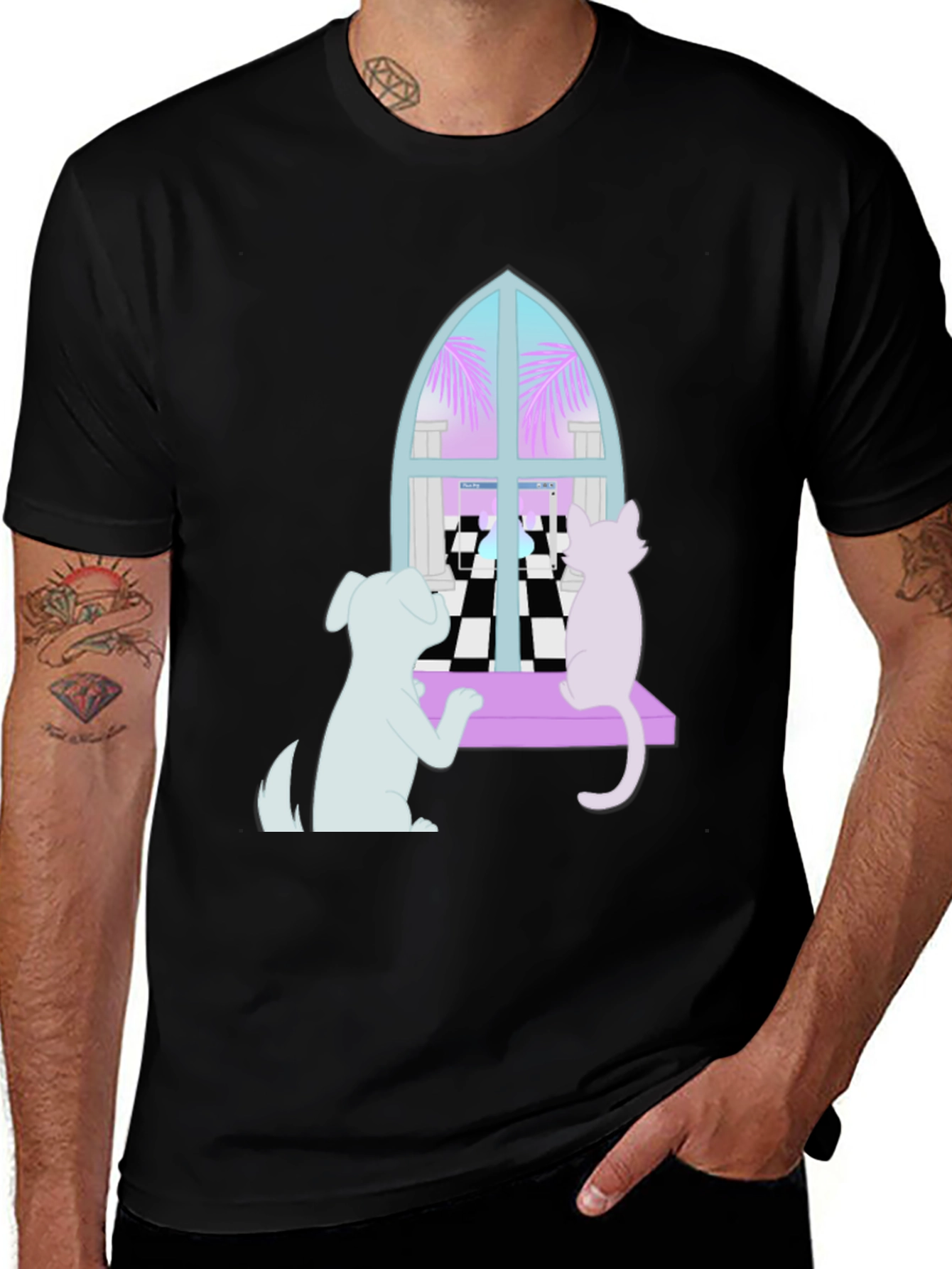 Dog and Cat Window T-Shirt - Black