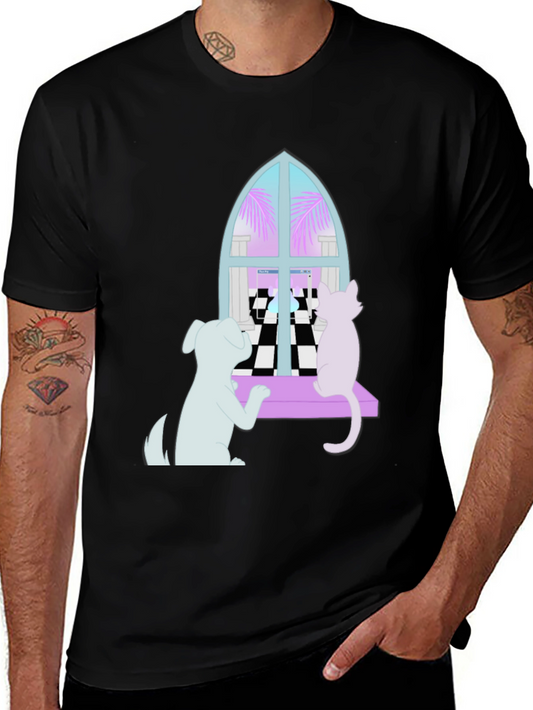 Dog and Cat Window T-Shirt - Black