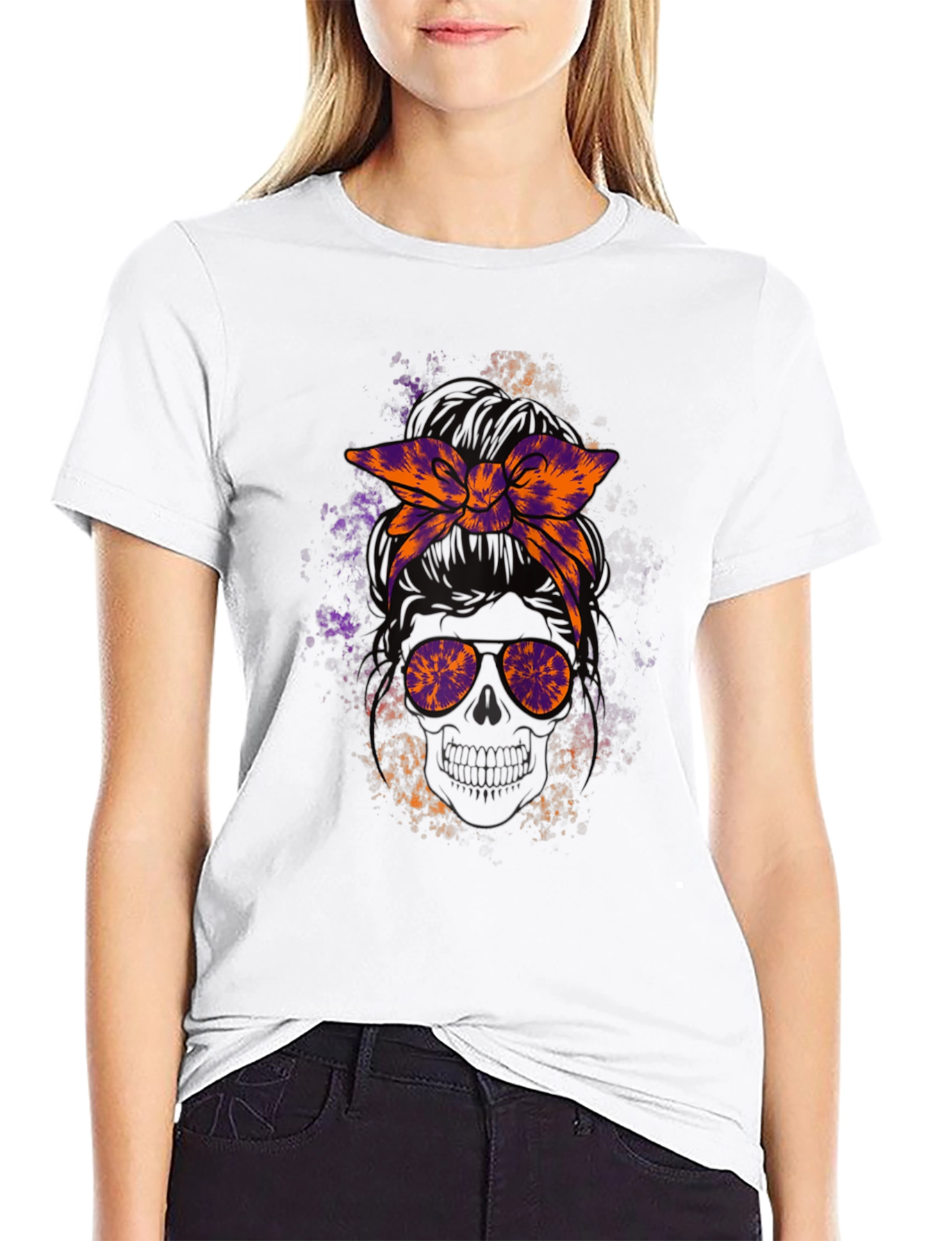 Messy Bun Skull Graphic Tee - Halloween Vibes