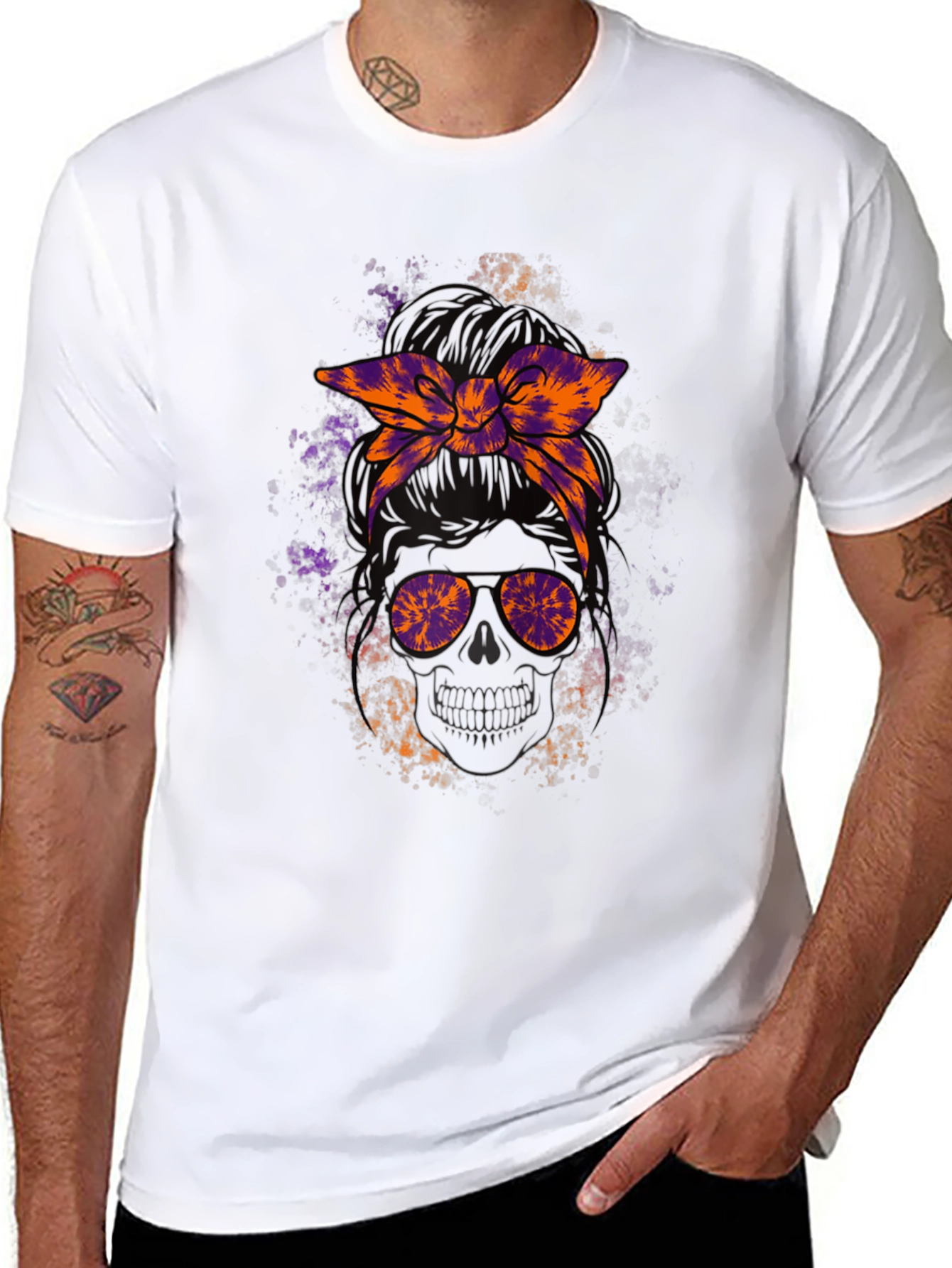 Messy Bun Skull Graphic Tee - Halloween Vibes